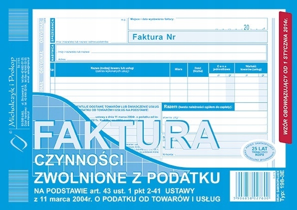 DRUK FAKTURA BEZ VAT dla ZWOLNIONYCH Z PODATKU art. 43