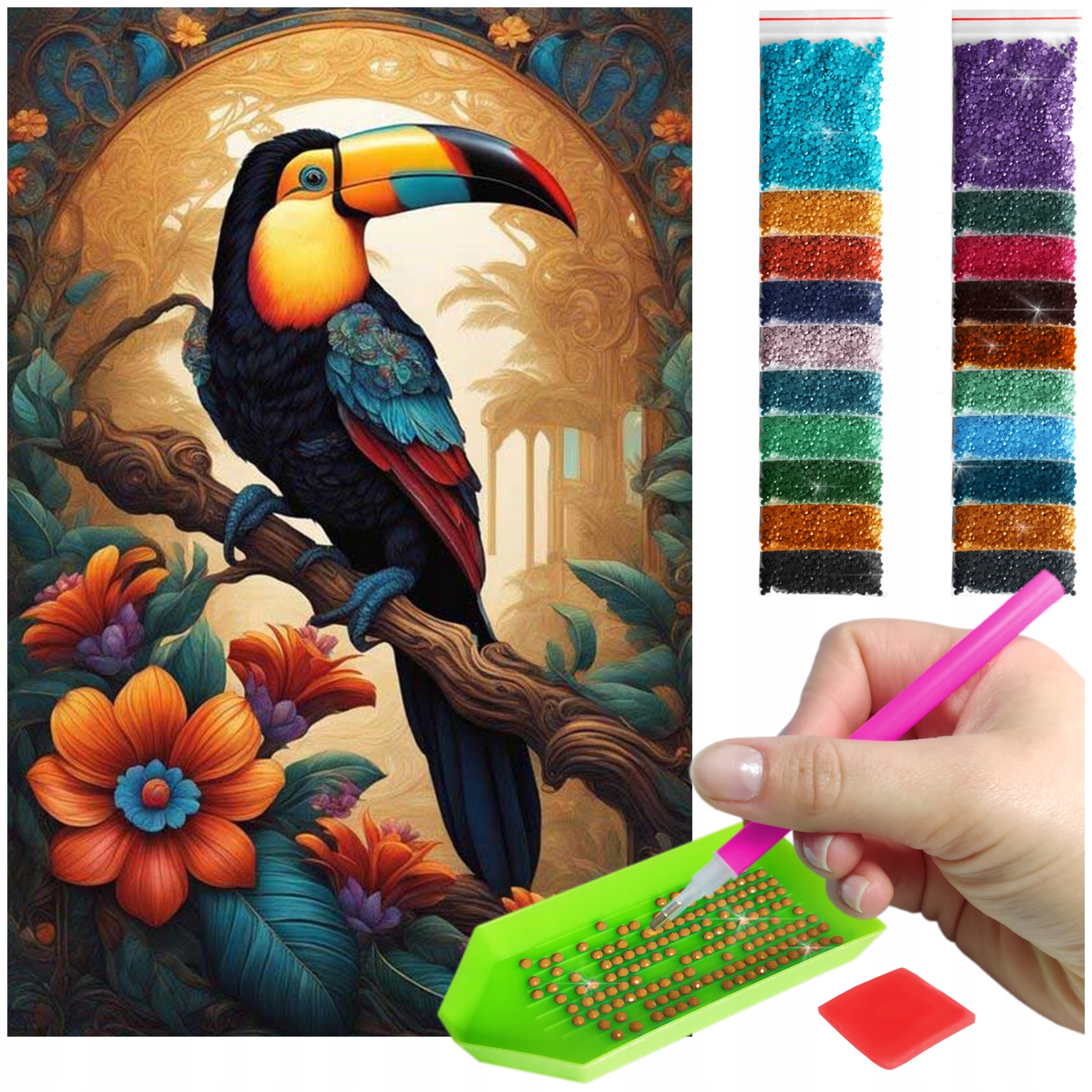 Výšivka Diamond Painting mozaika Tukan mezi květinami sada