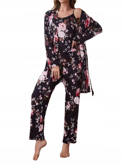 Elegantní 3-DÍLNÝ Komplet Župan Pyžamo Romantické Květiny S