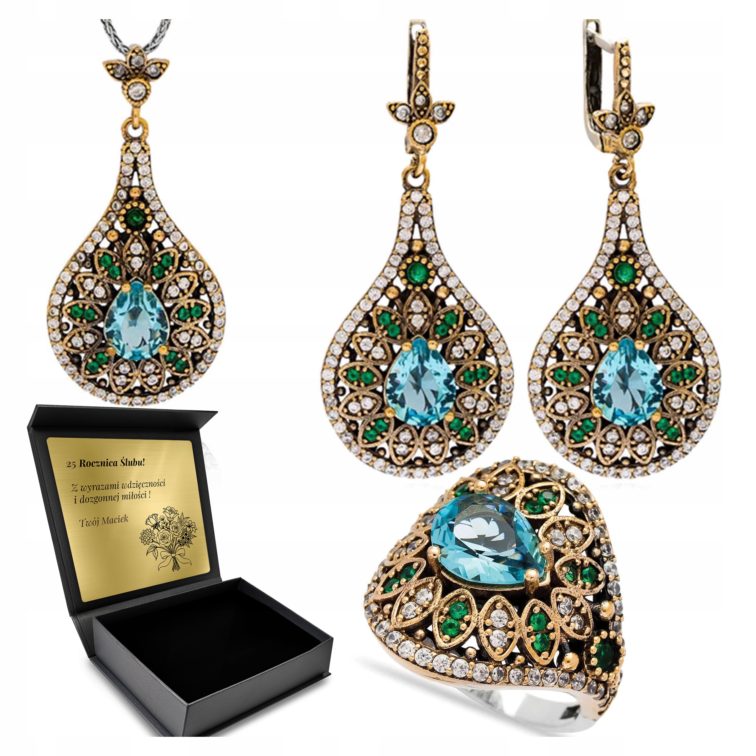 Sada Stříbrných Šperků 925 Zirkony Šamragd Topaz pro ženy Gravírování