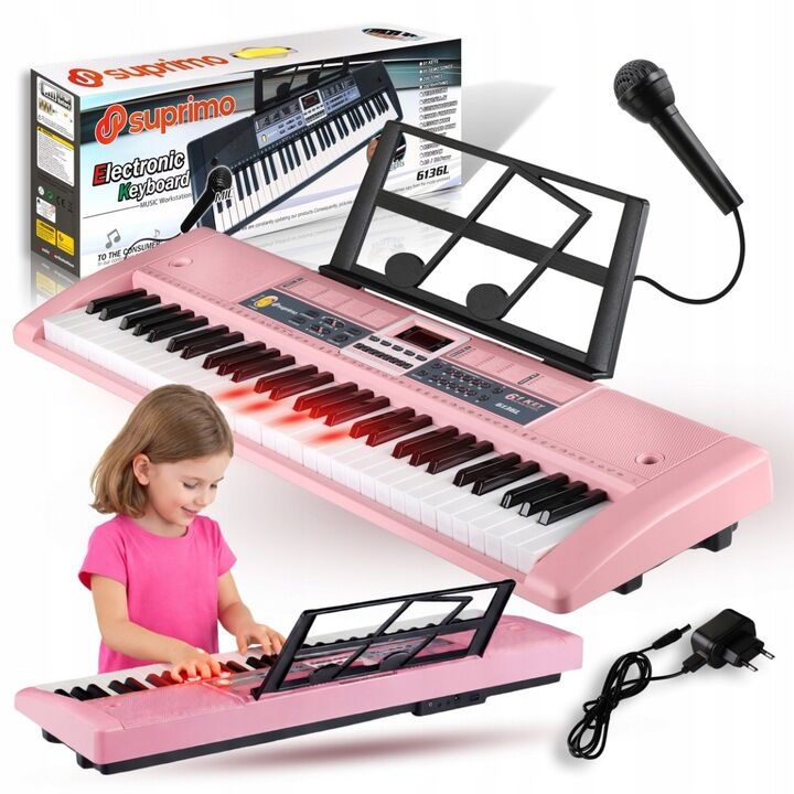 Velká Klávesnice Varhany Piano 61 Kláves Podsvícené Klávesy Led Růžová