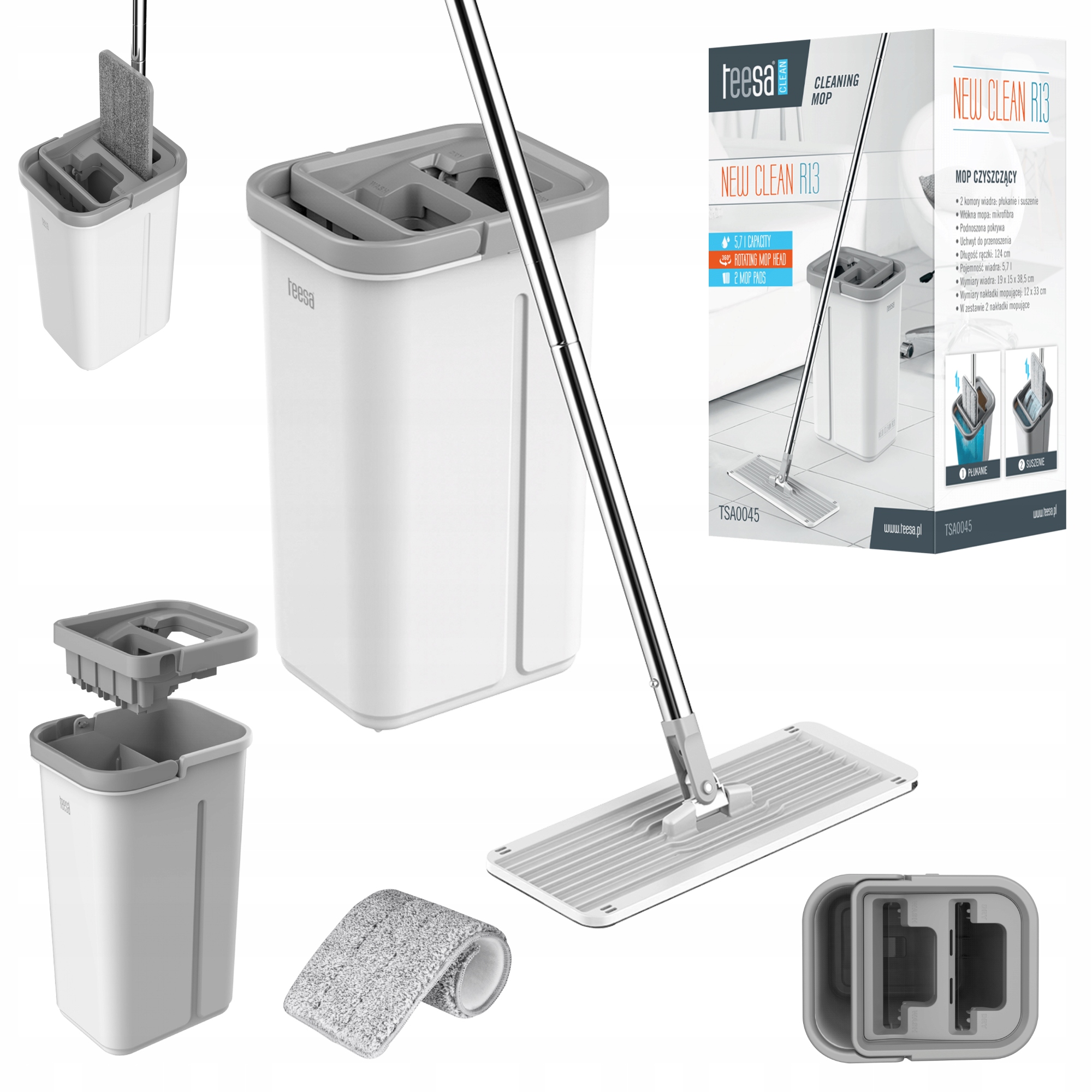 Levně Dvoukomorový mop Teesa New Clean R13 plochý 2x mikrovlákno 5,7L