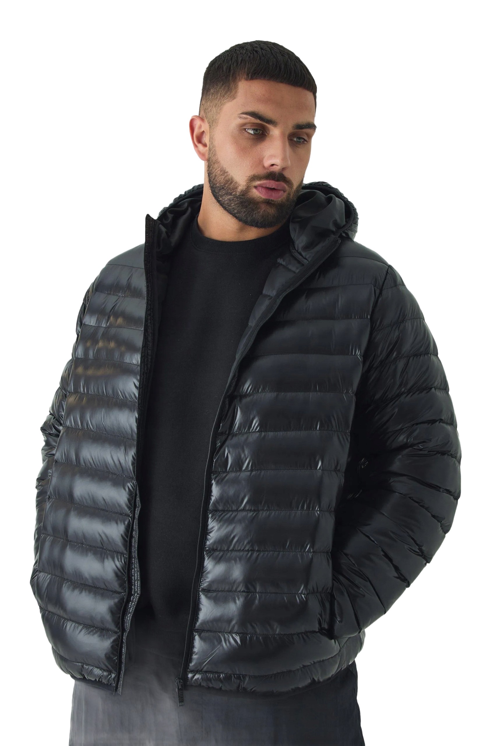 Boohooman Pánská Prošívaná Bunda S Kapucí Černá 3XL Plus Size XXL Z3A
