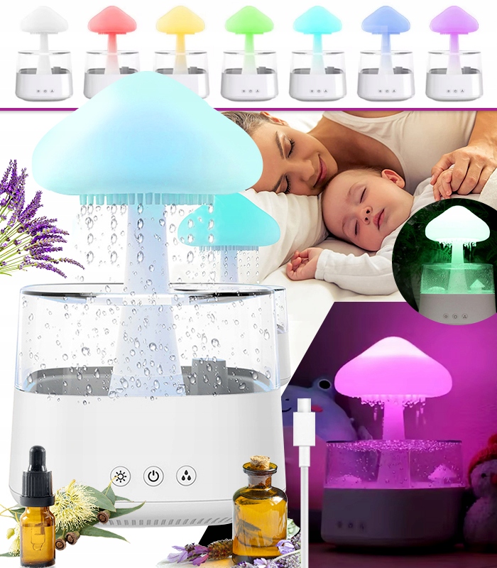 Zvlhčovač Vzduchu Noční Lampa Dešťová Houba Difuzér Aromaterapie Led