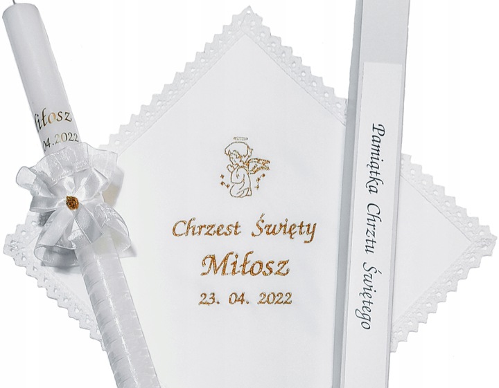 

Szatka i Świeca Do Chrztu imię data Haft