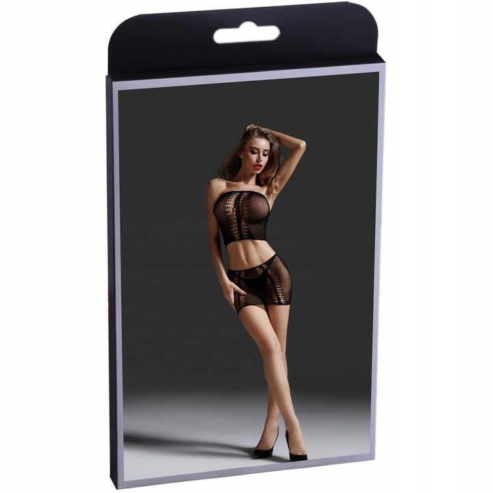 

Czarny Komplet Typu Bodystocking Top Stringi Mini