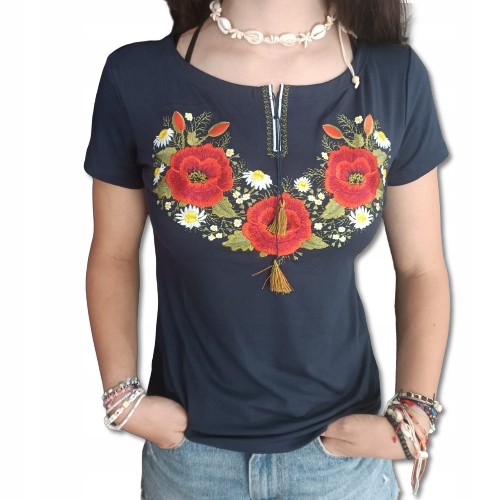 Dámská halenka s Vyšívaným potiskem Květiny Folk Horalská k outfitu Námořnická Modrá L