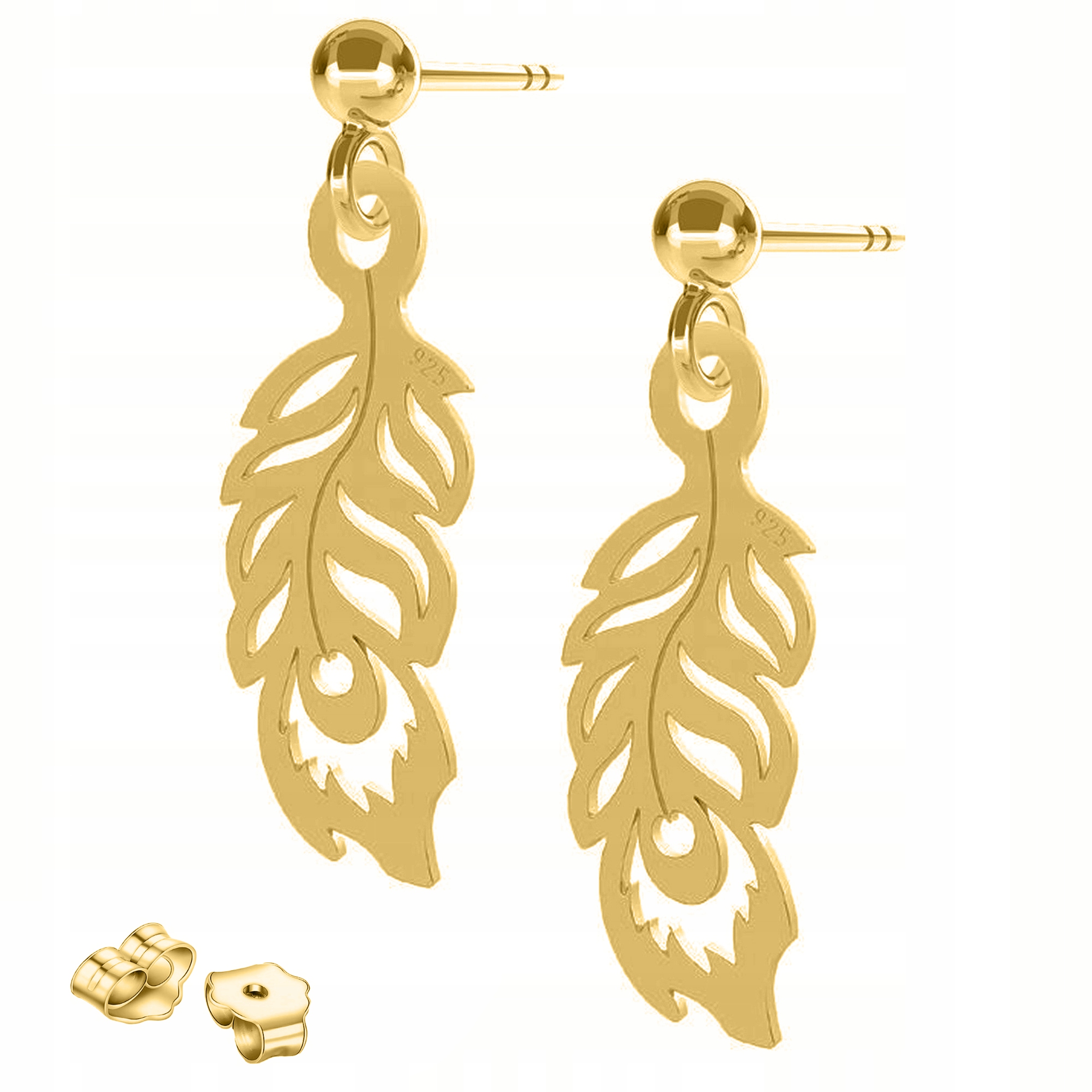 Zlaté Náušnice Ozdobná pera Páv Plechy s peřím Stříbro 925