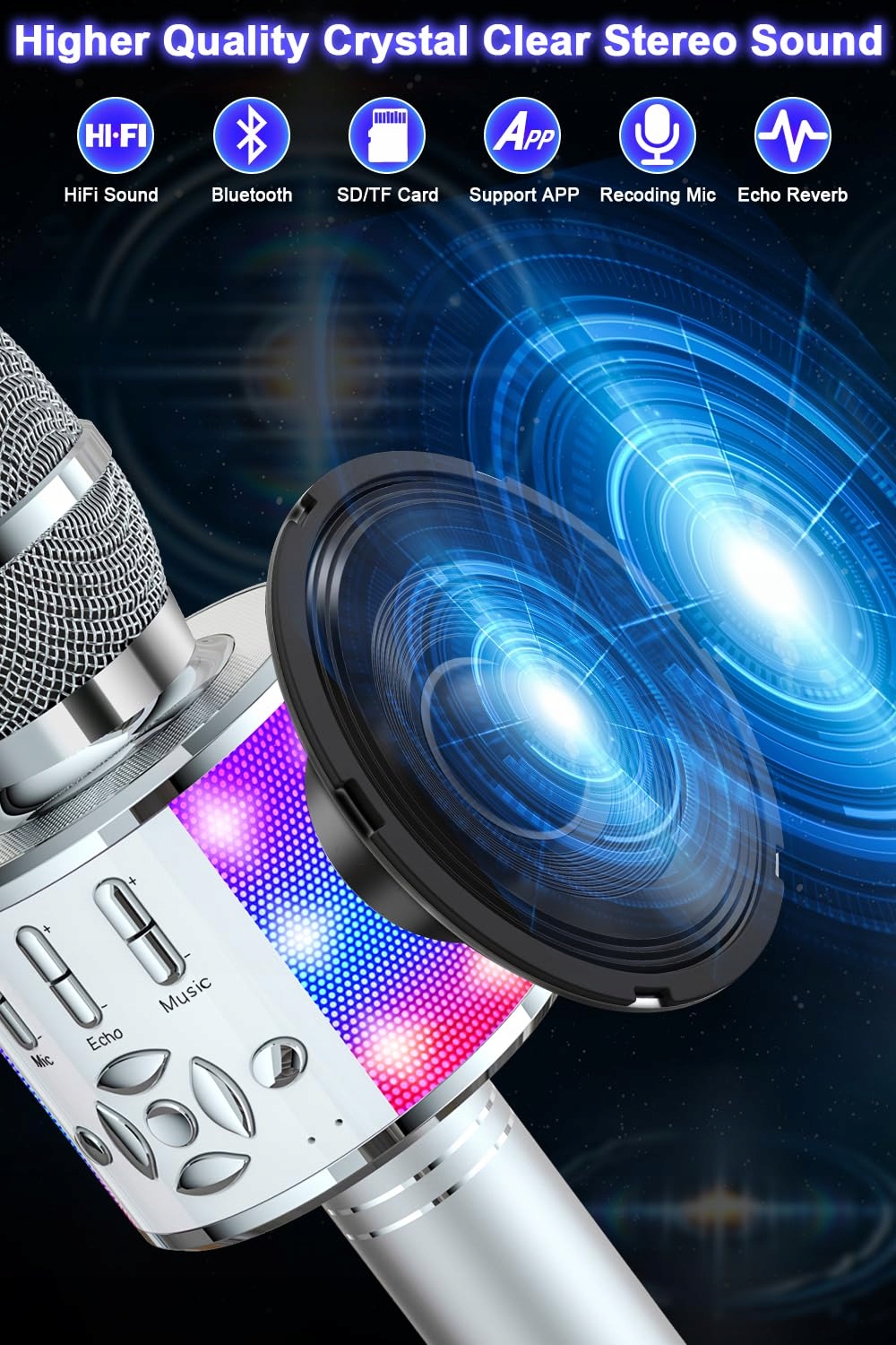 BONAOK Mikrofon Karaoke Bluetooth LED Dla Dzieci Kompatybilny z iOS Android — miniatura 5
