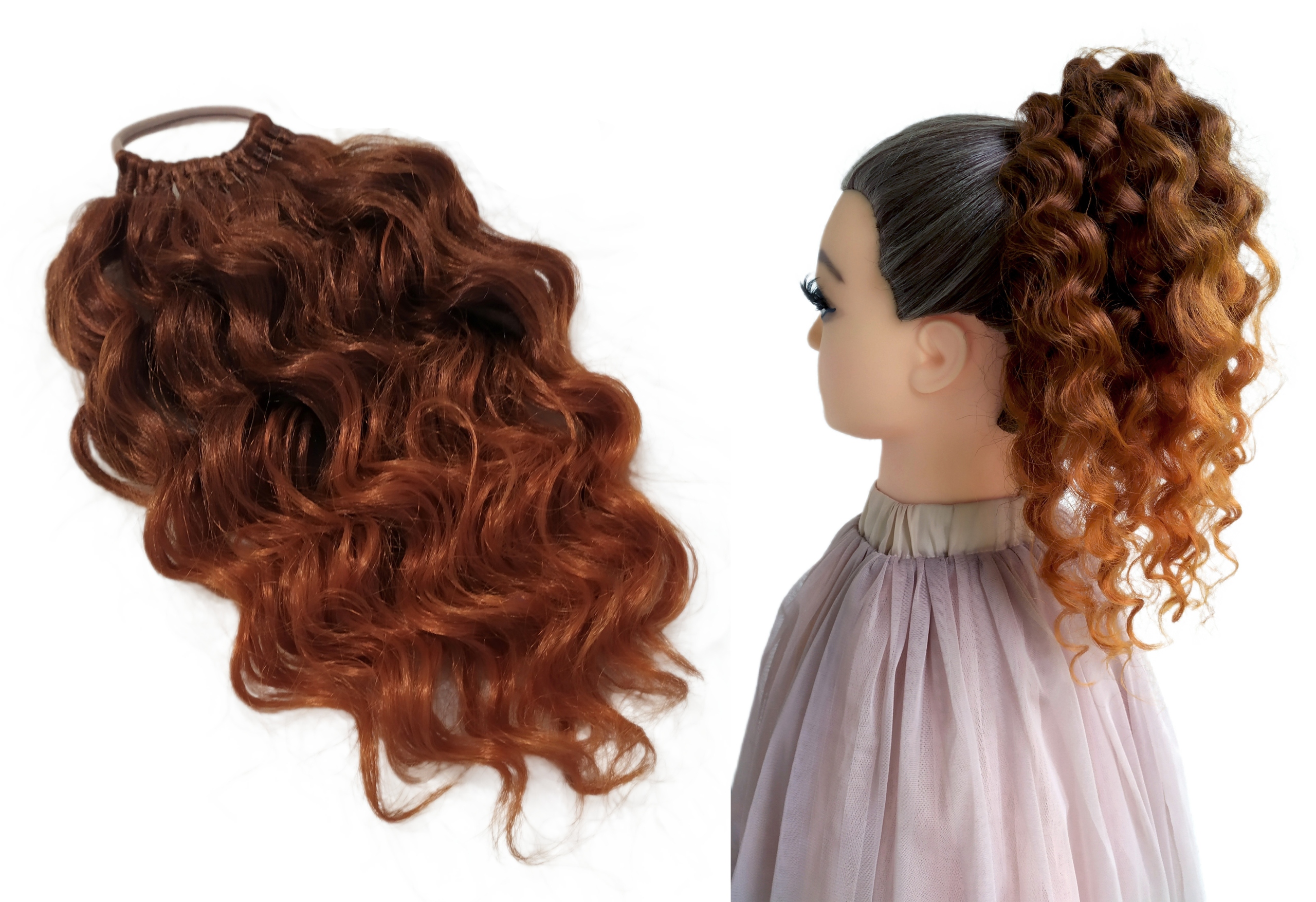 Kucyk Doczepiany Na Gumce, Treska loki, rudy ombre, Ognisty Rudzielec, 30cm