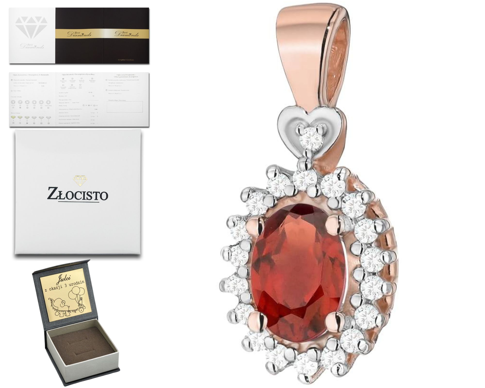 Růžové Zlato Přívěsek Briliant Diamant Granát 585 Dárek Gravírování