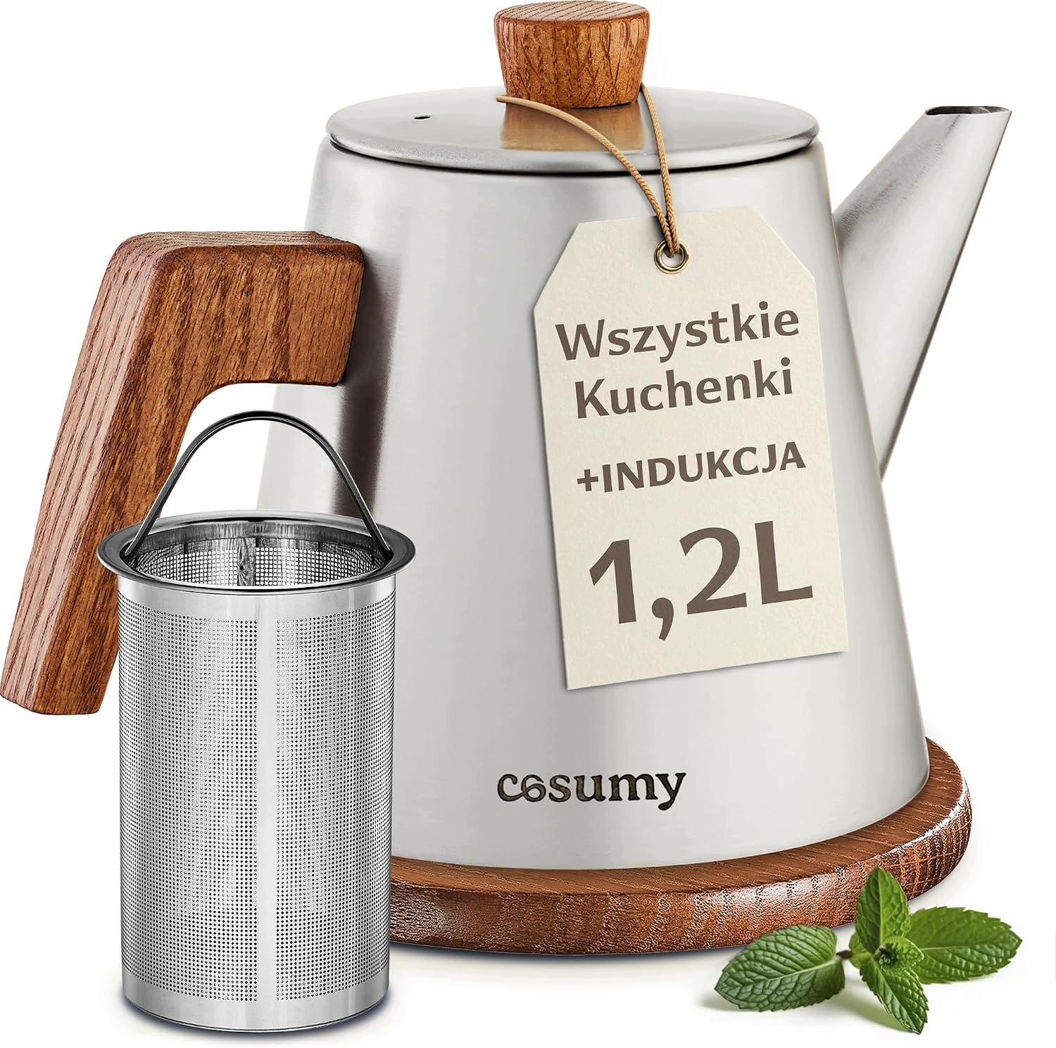 Czajnik do herbaty ze stali nierdzewnej 1,2 l z sitkiem i drewnianą