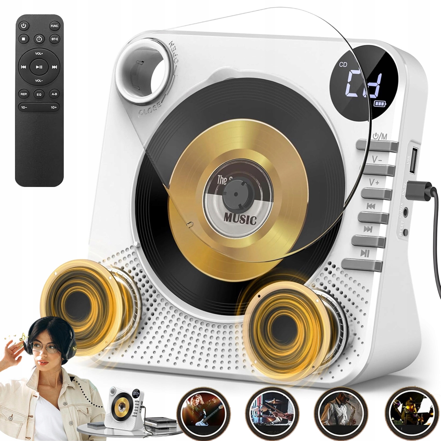 Přenosný Přehrávač CD Reproduktor Bluetooth Rádio Usb/aux Bluetooth 5.0 Bílý