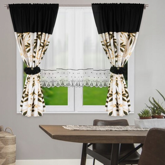 KOMPLET ZASŁON W ŻÓŁTE LIŚCIE + FIRANKA GOTOWA WOAL BIAŁA 400x160 Z TAŚMĄ Wysokość produktu 155 cm