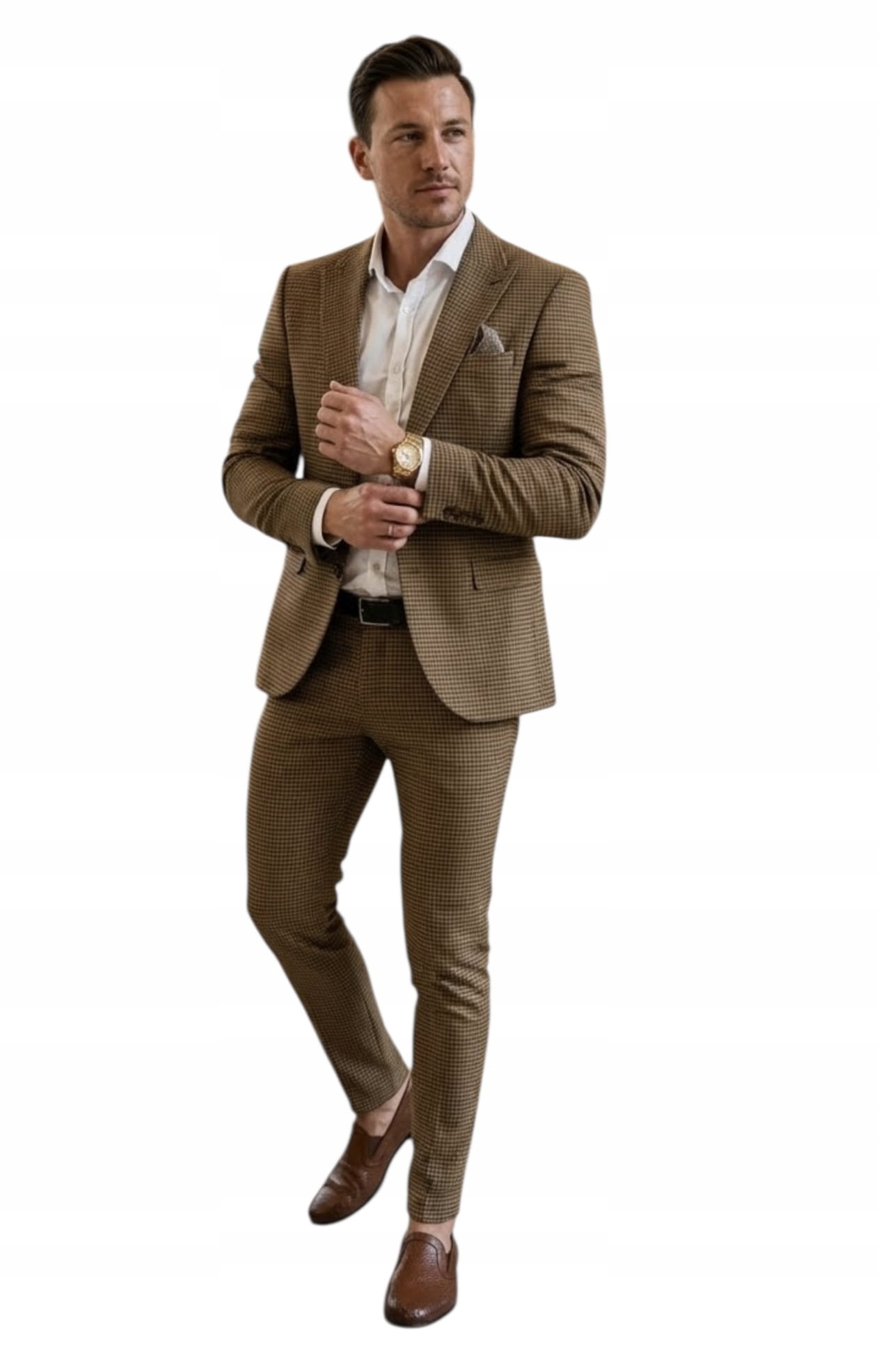 Pánský oblek Slim Fit Elegantní Sako komplet kalhoty hnědé jemné