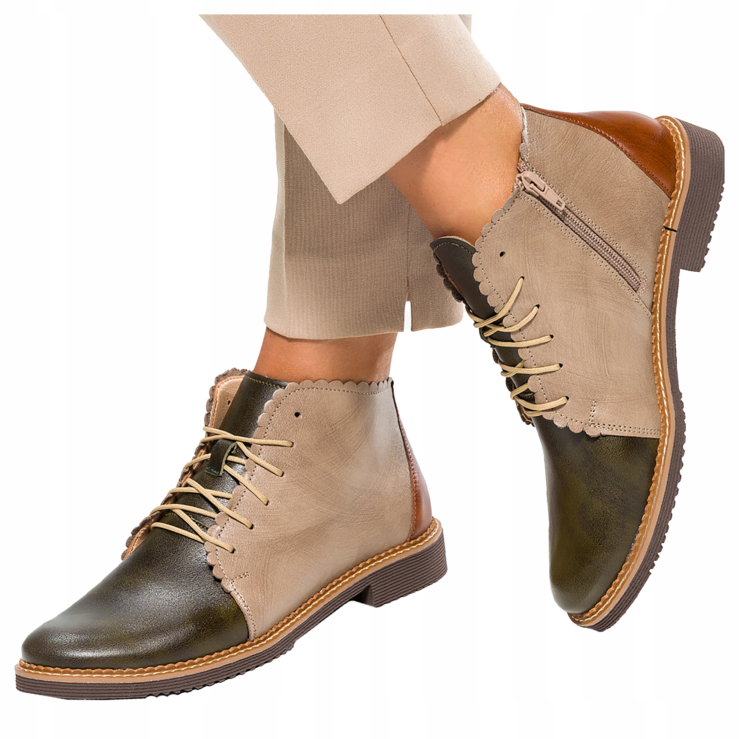 Zelené Kotníkové Boty kožené boty Pohodlné Lehké Polská Kůže Šněrovací vel. 37