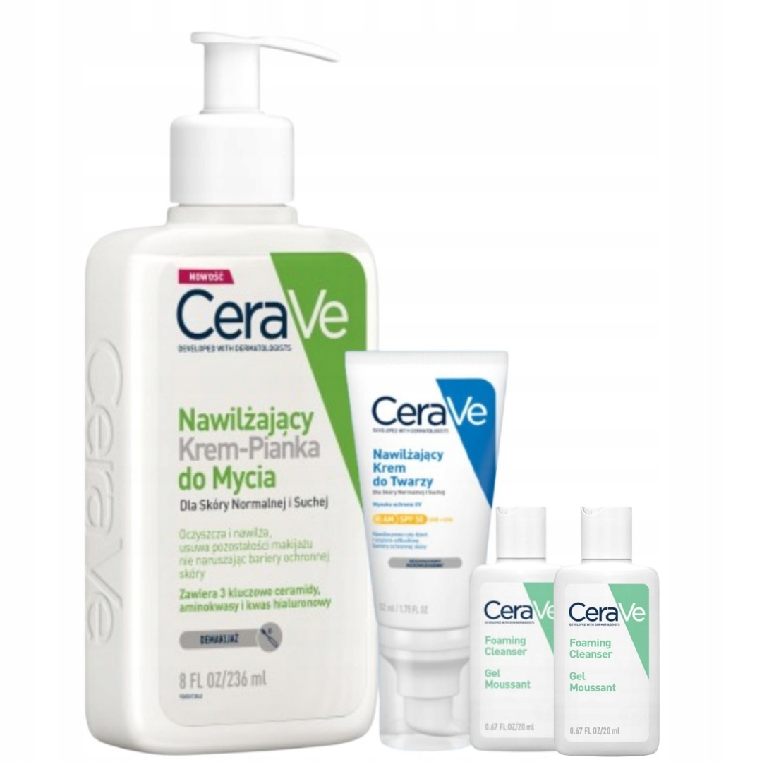 Zestaw CeraVe Nawilżający Krem do Twarzy Spf 50 52ml, Krem-Pianka 236ml