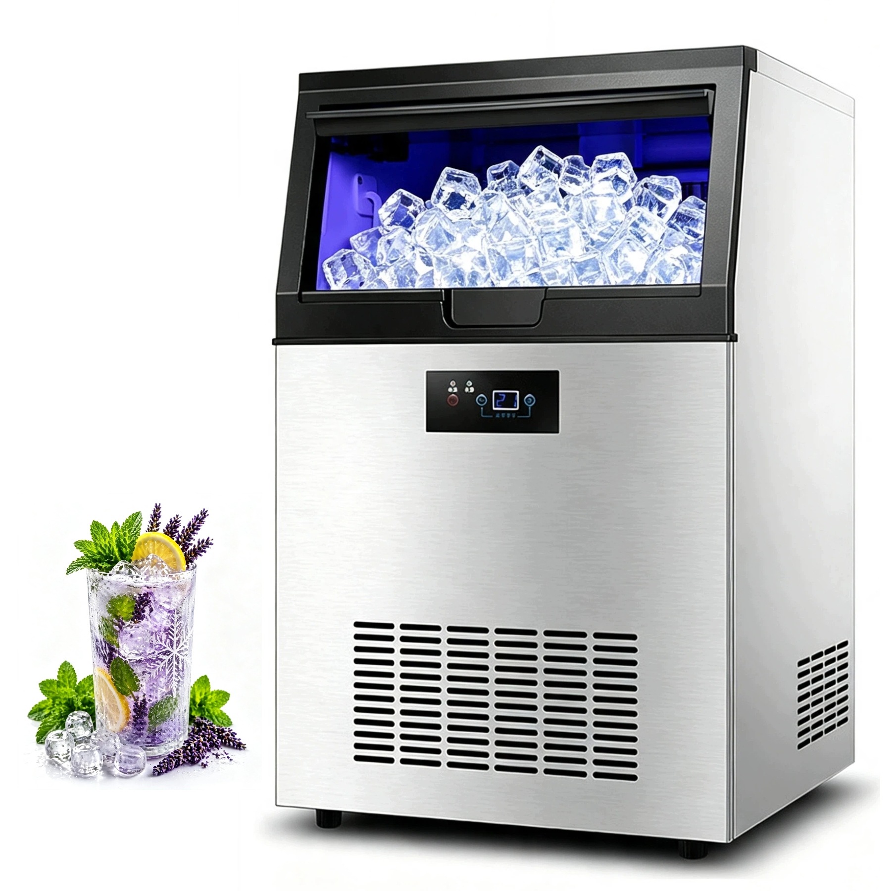 Komerční výrobník ledu 350W 60 kg/24h 40 kostek za 8–15 min s LCD