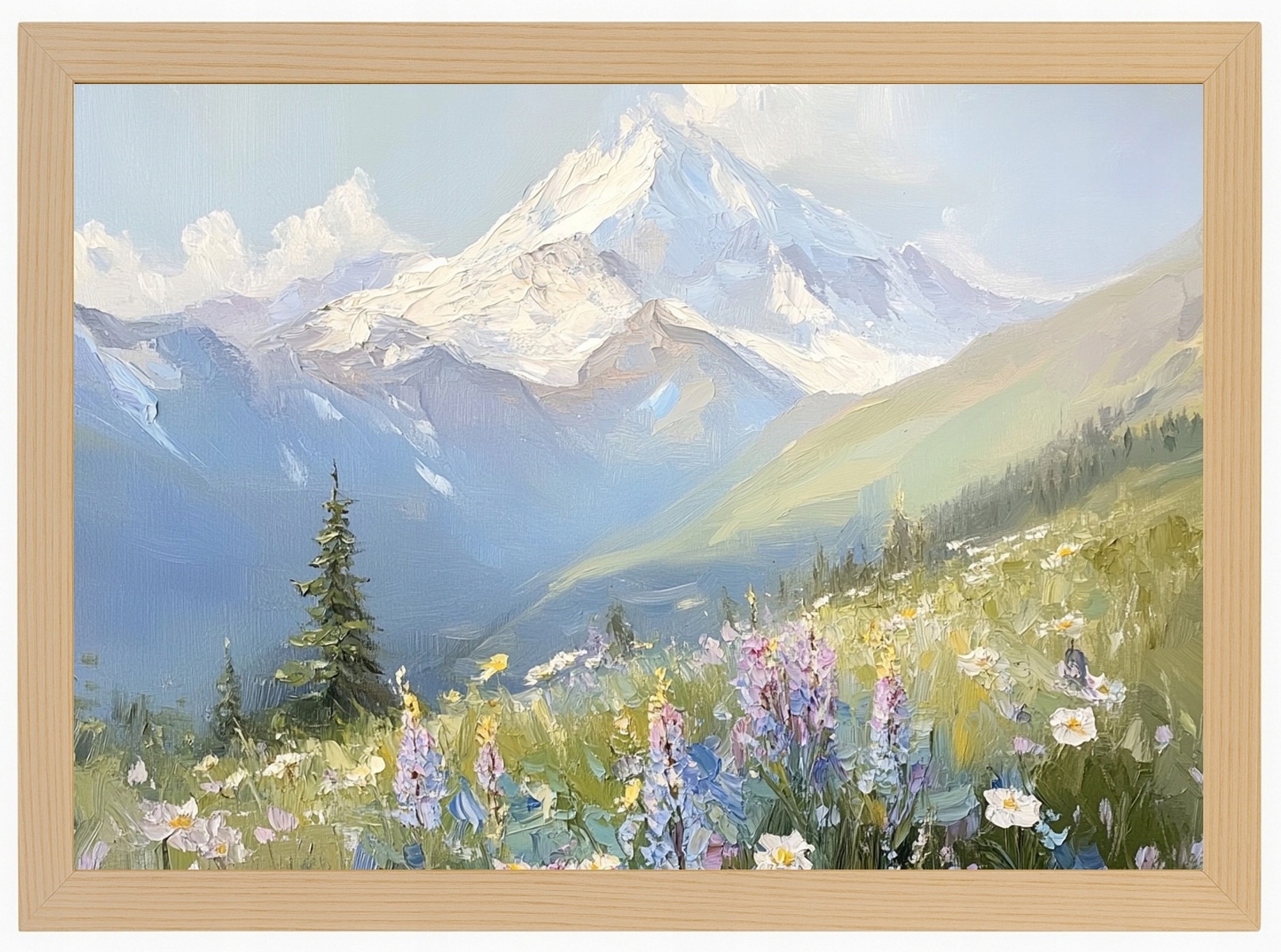 Plakát Rámeček Dřevo Krajina Hory Vrcholky Alpy Louka Květiny Jaro 100x70