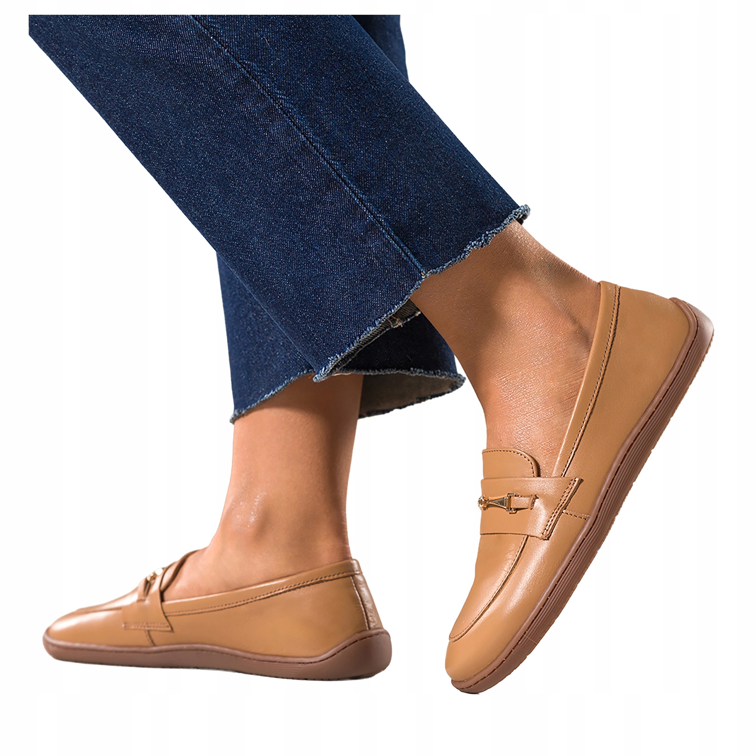 Camelové Mokasíny Barefoot Široké Dámské Zlaté Kožené Sponky vel 41