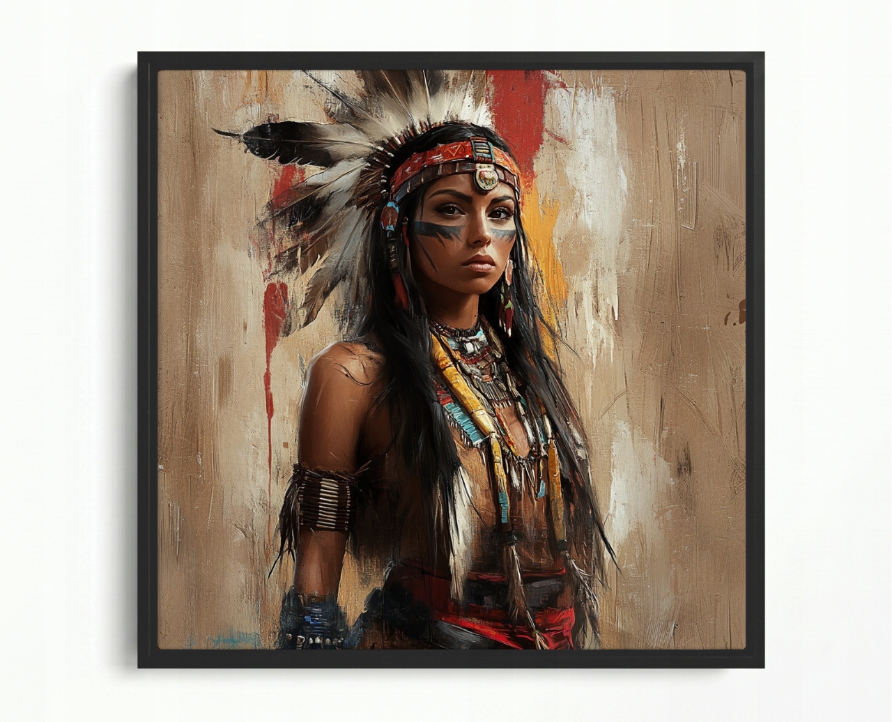 Obraz Rám Americký Box Portrét Žena Indiánka Tribal Boho Etno 50x50