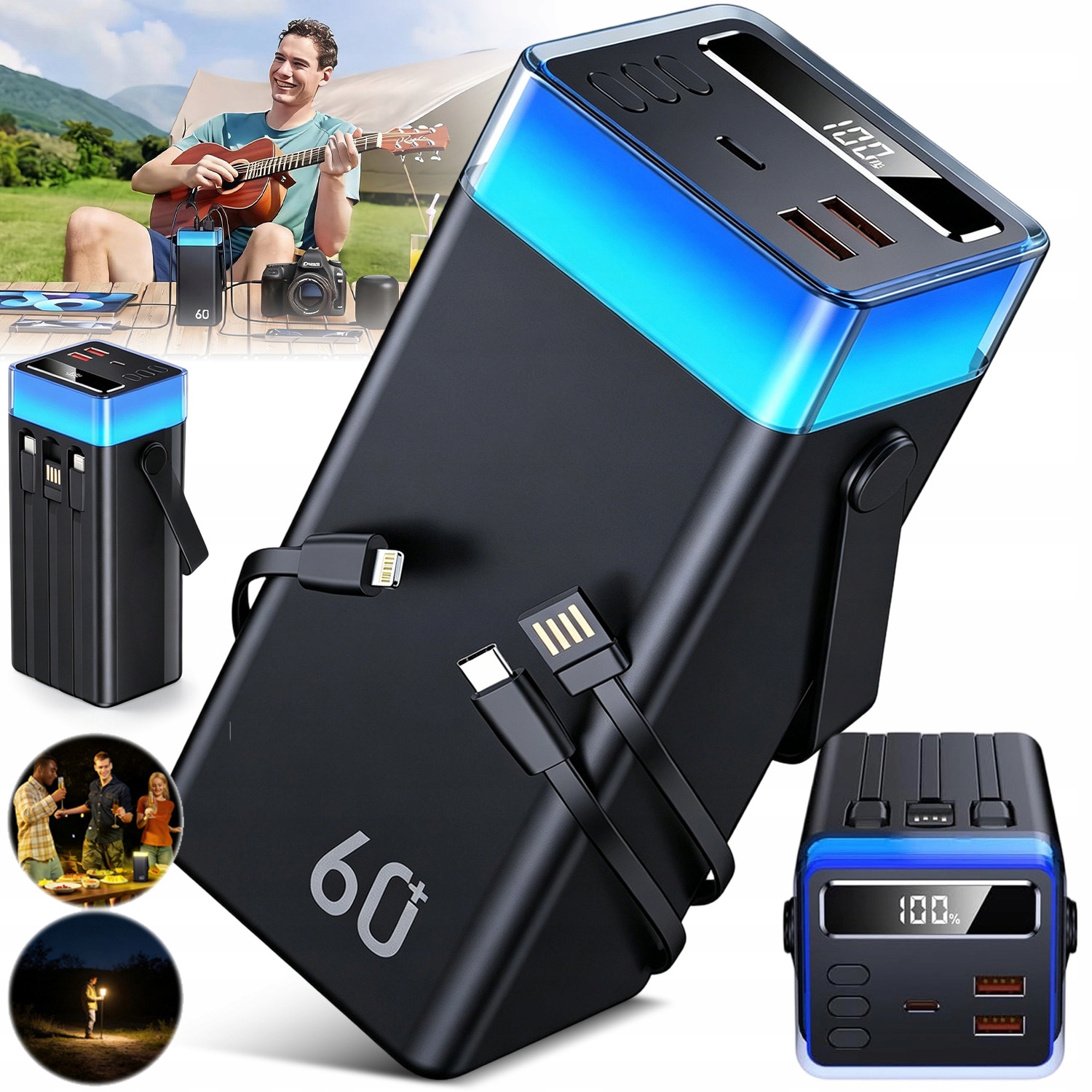 Powerbank 60000MAH Wydajny Szybkie Ładowanie Latarka 3 Wbudowane Kable