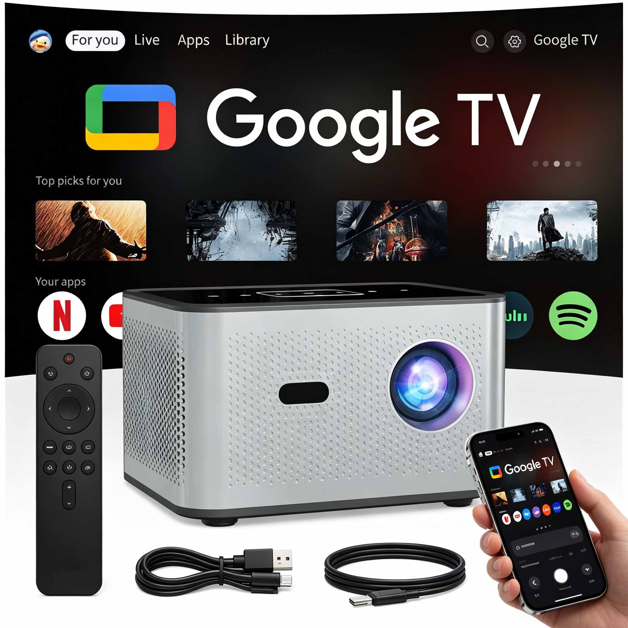 Projektor Smart WiFi 6, 720P, Obsługa 4K, Automatyczna Korekta, Google TV