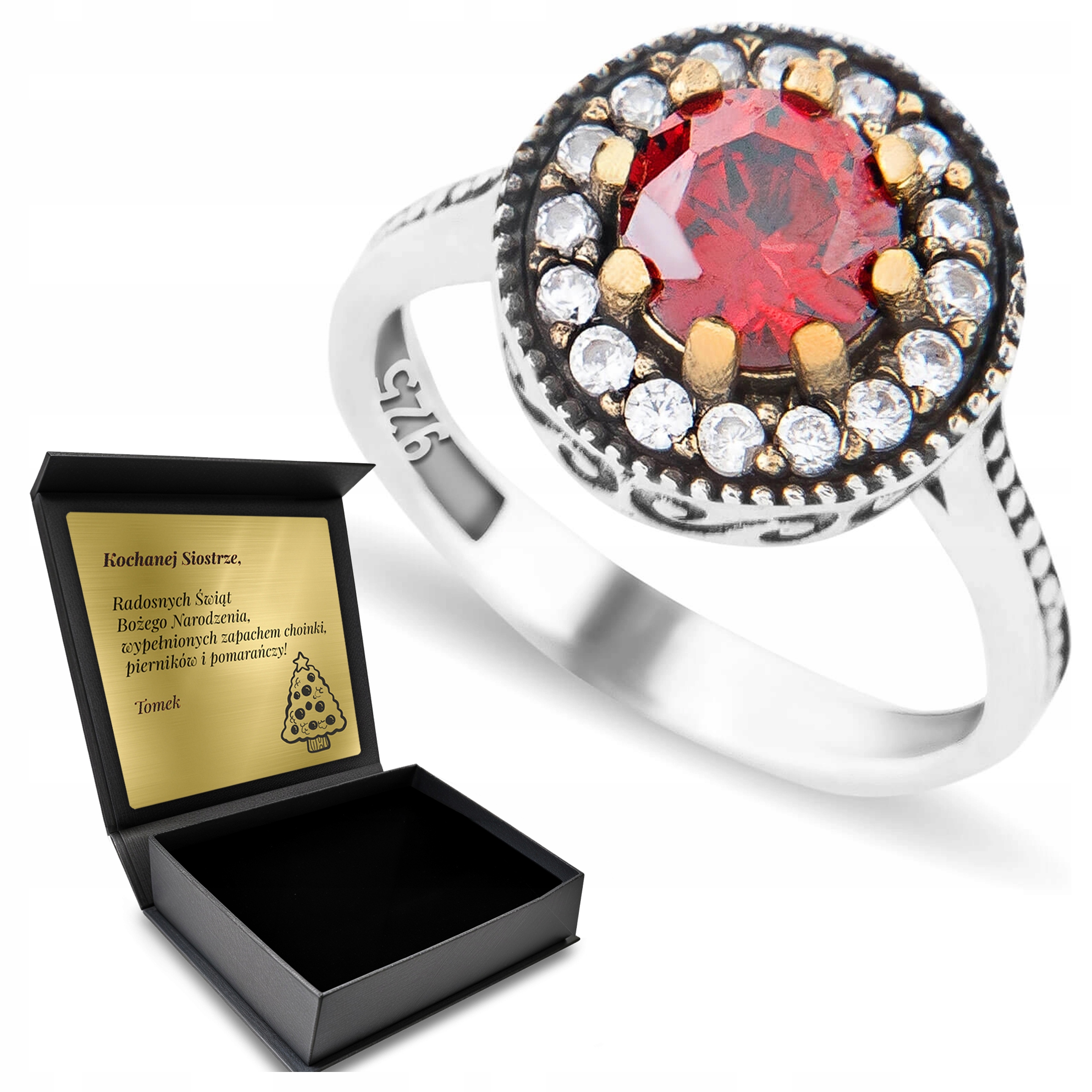 Prstýnek 925 S Zirkony A Granátem pro ženy Gravírování Bonus