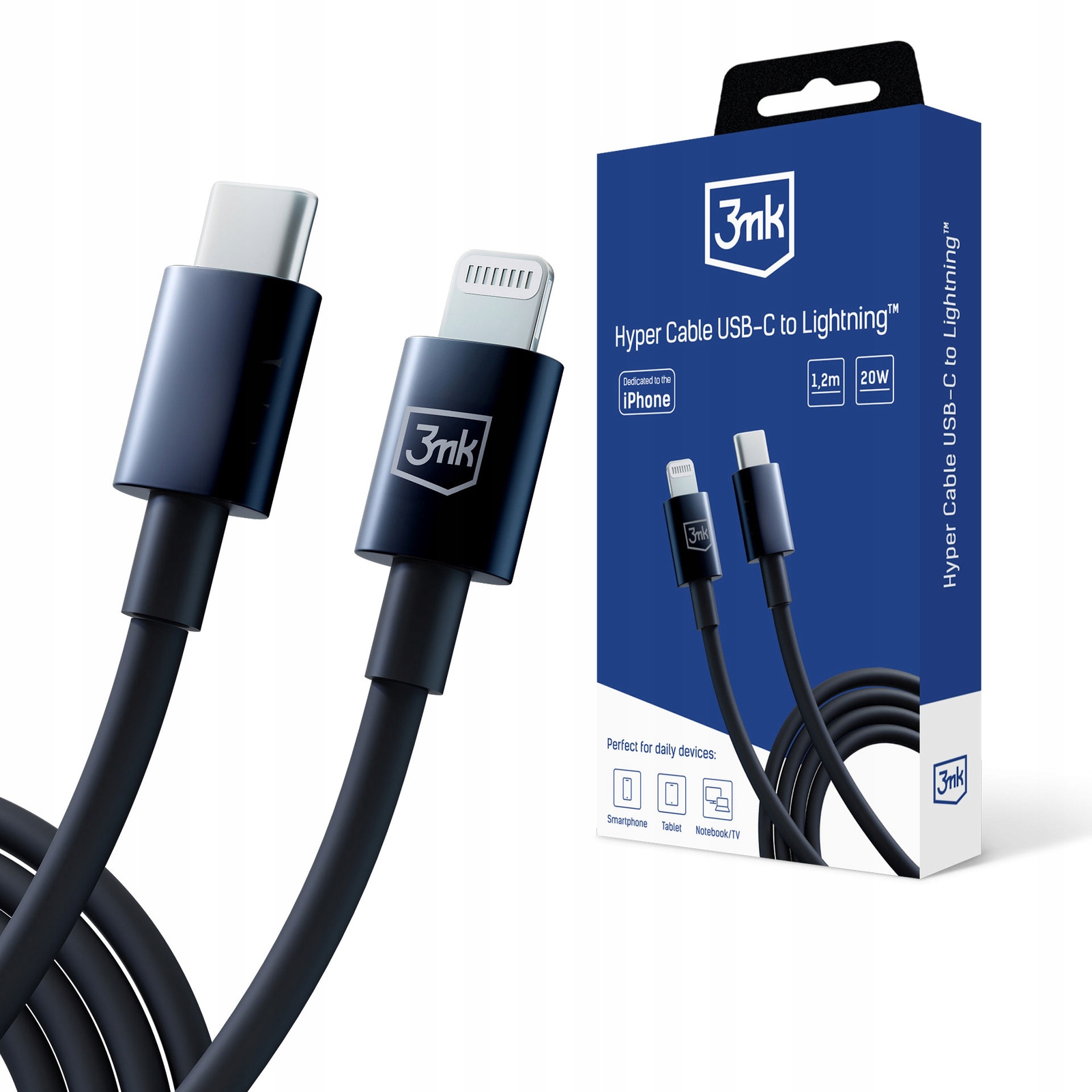 Kabel 3mk USB typ C - Apple Lightning 1,2 m czarny