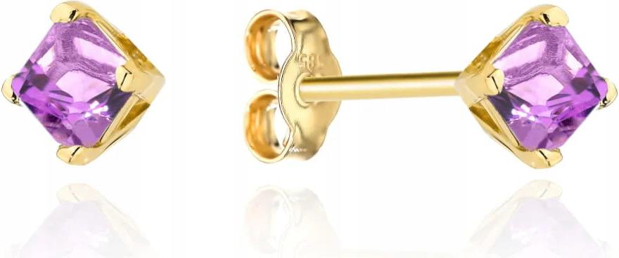 Náušnice zlaté z kolekce „colorful Stone“ ametyst čtverec na tyči 14k