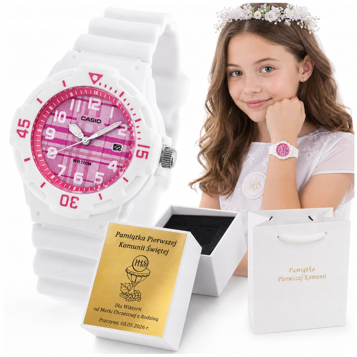 Hodinky Casio Na Křest Přijímání Pro Dívku Bílo-růžové Gravírování