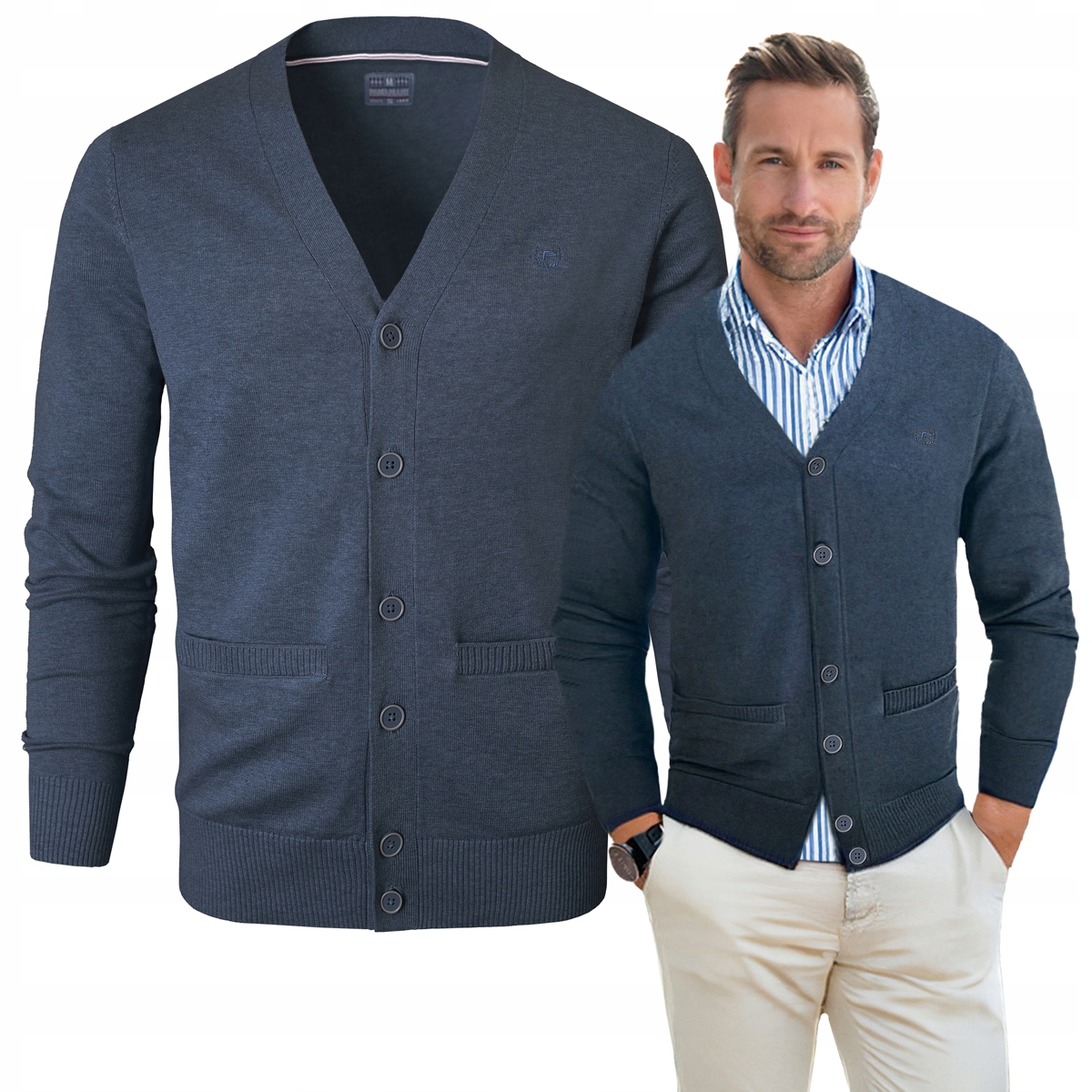 Pánský Svetr Rozepínací Kardigan na Knoflíky Tmavě Modrý Melanž XL Pako Jeans