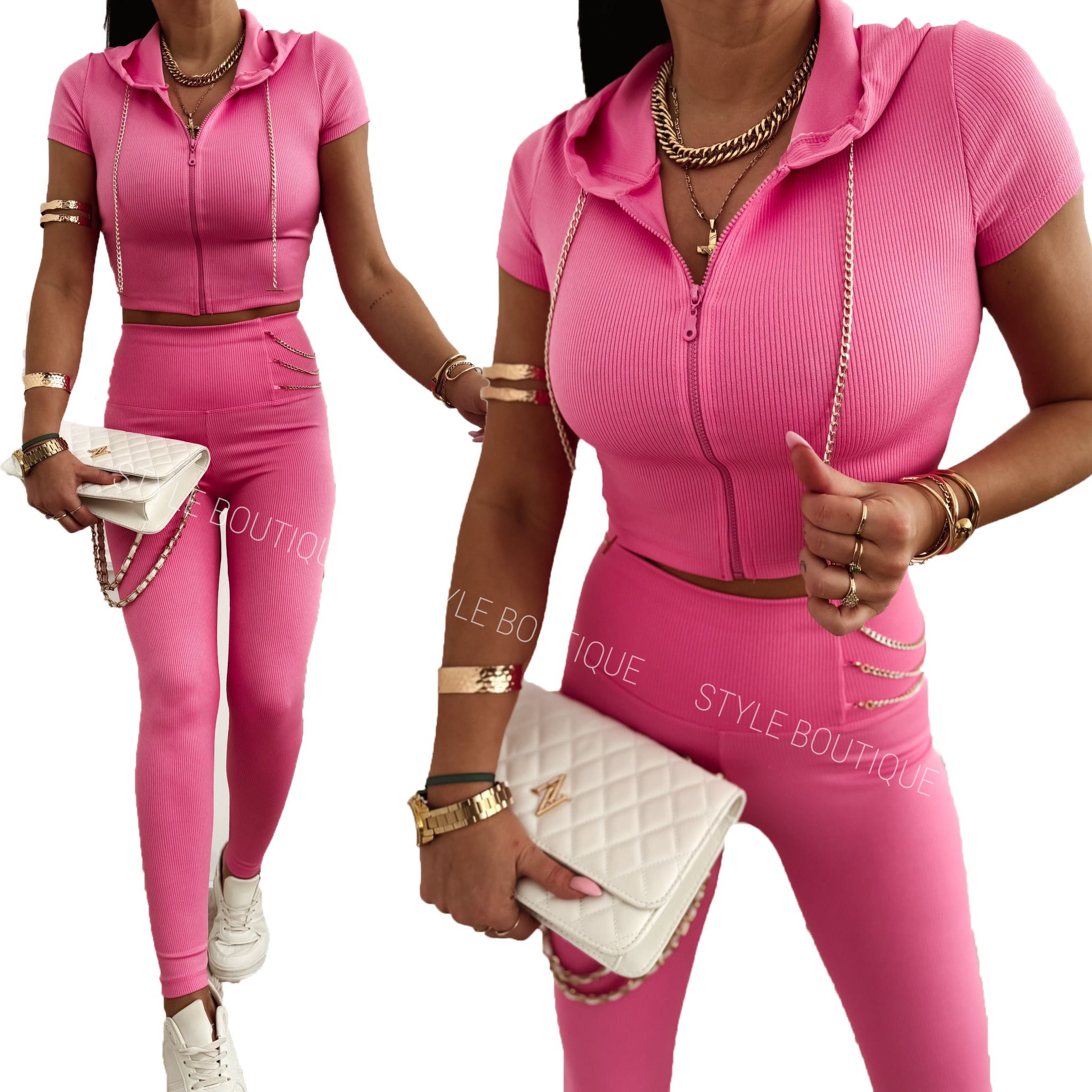 Komplet halenka s kapucí na zip legíny Růžová stylová M