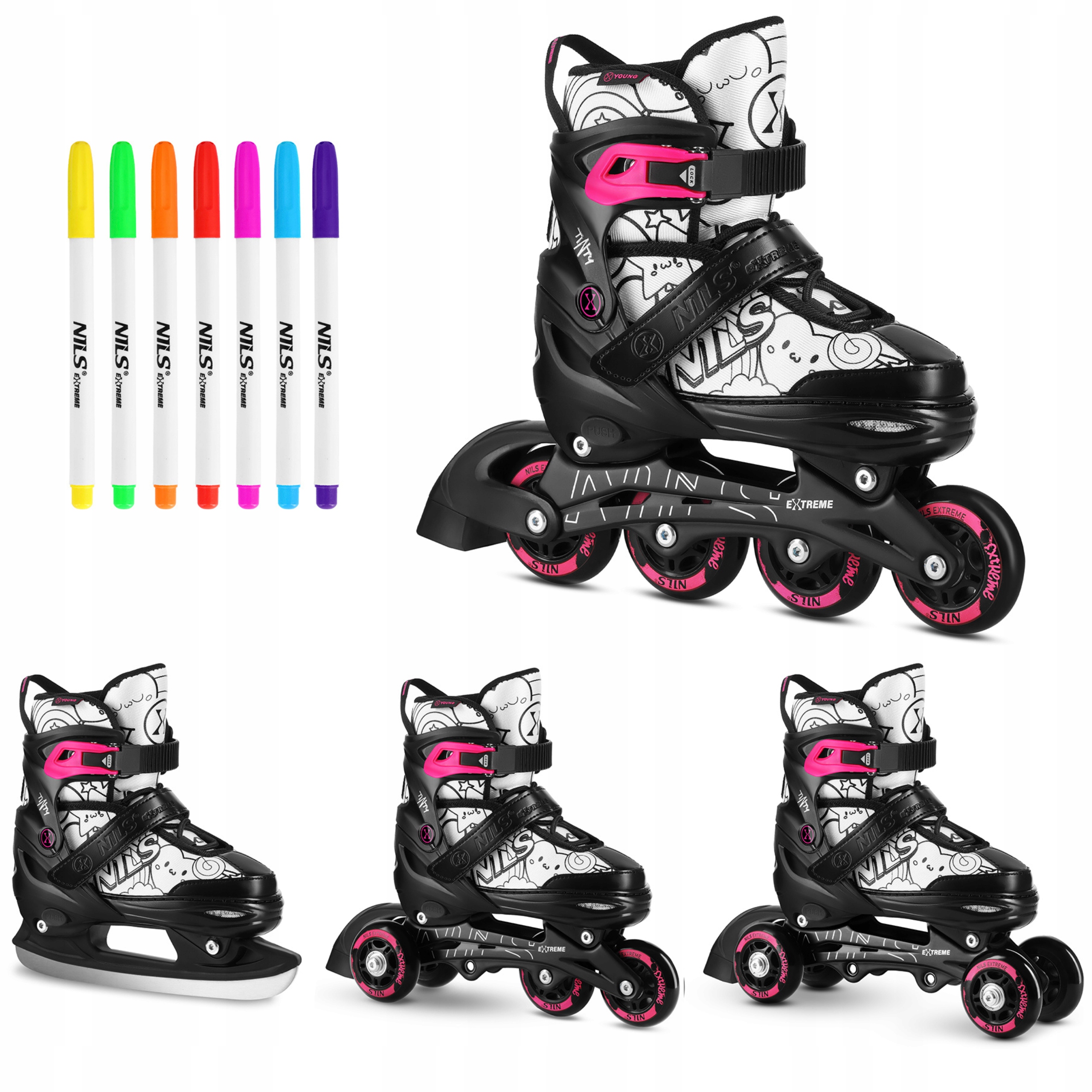 Kolečkové Brusle 4v1 35-38 růžové brusle na led kolečkové brusle omalovánky fixy Nils Extreme