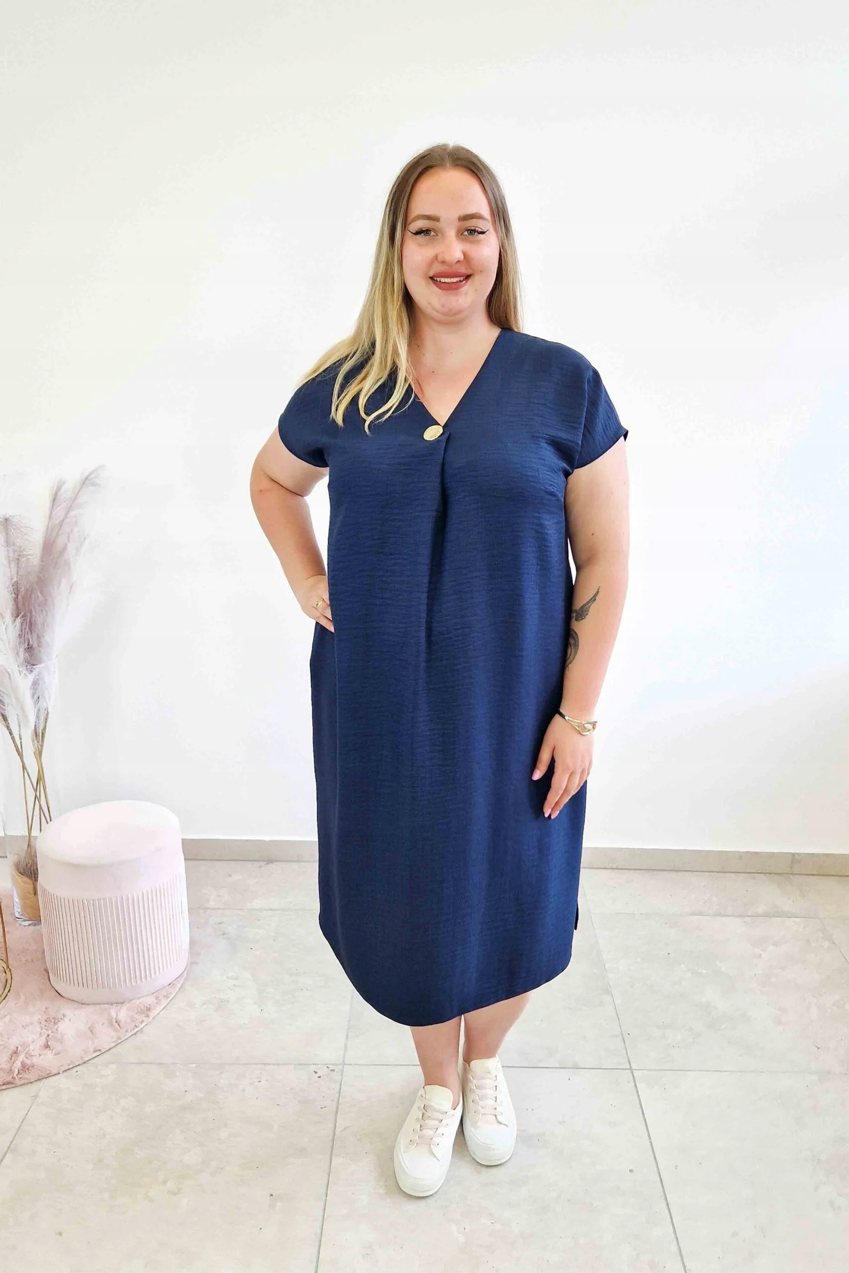Lněná Šaty Maxi s knoflíkem Casual, modrá, 46