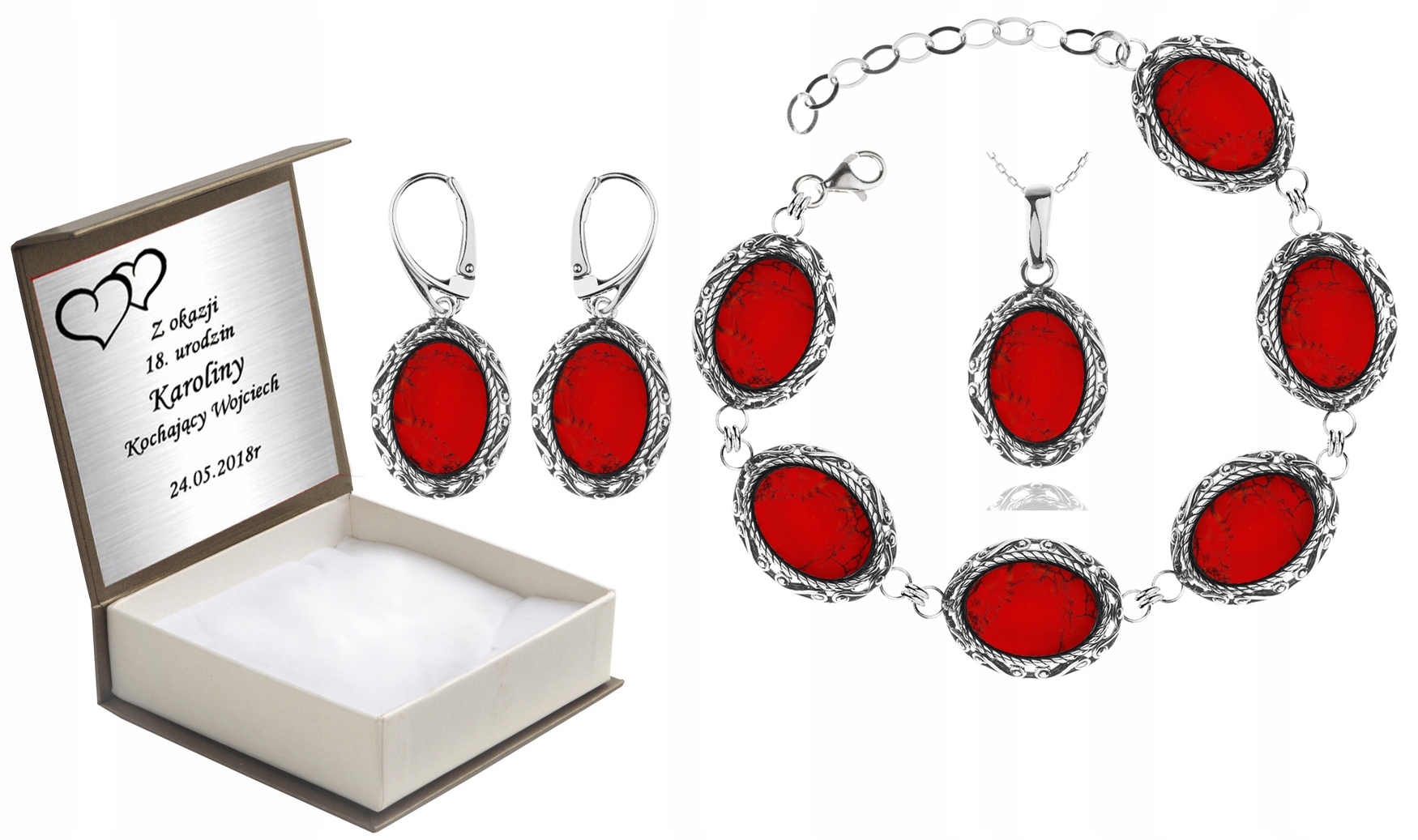 

Komplet Srebrnej Biżuterii Z Koralami Na Prezent