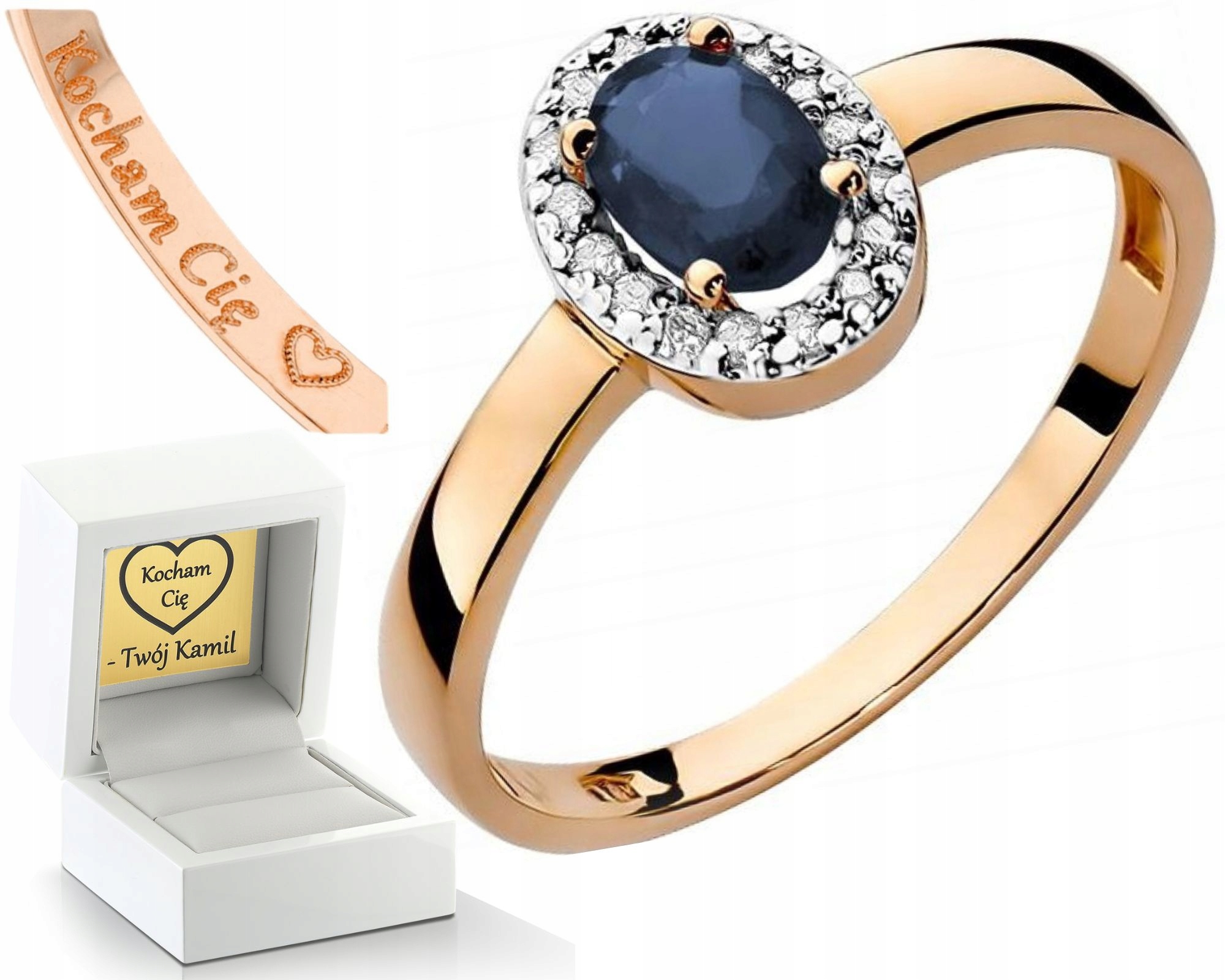 Růžové Zlato Prstýnek Safírový Briliant Gravírování
