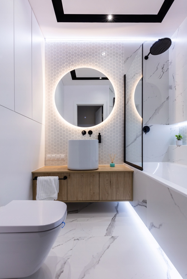 LUSTRO OKRĄGŁE ŁAZIENKOWE PODŚWIETLANE OŚWIETLENIE LED 3 BARWY Rondo fi 90c Wykonanie gotowe