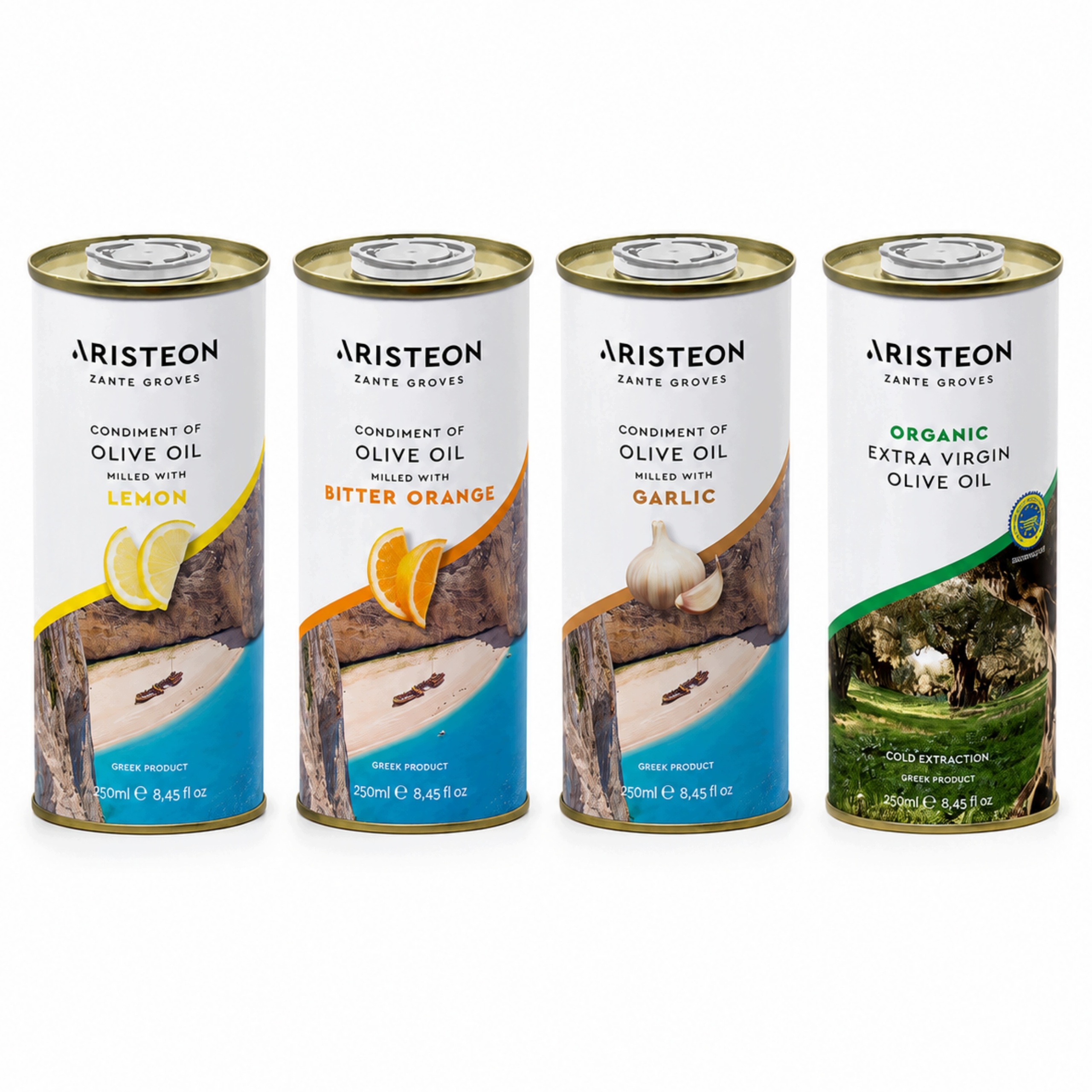 Řecký olivový olej Česnek Citron Pomeranč Bio Sada 4 x 250 ml