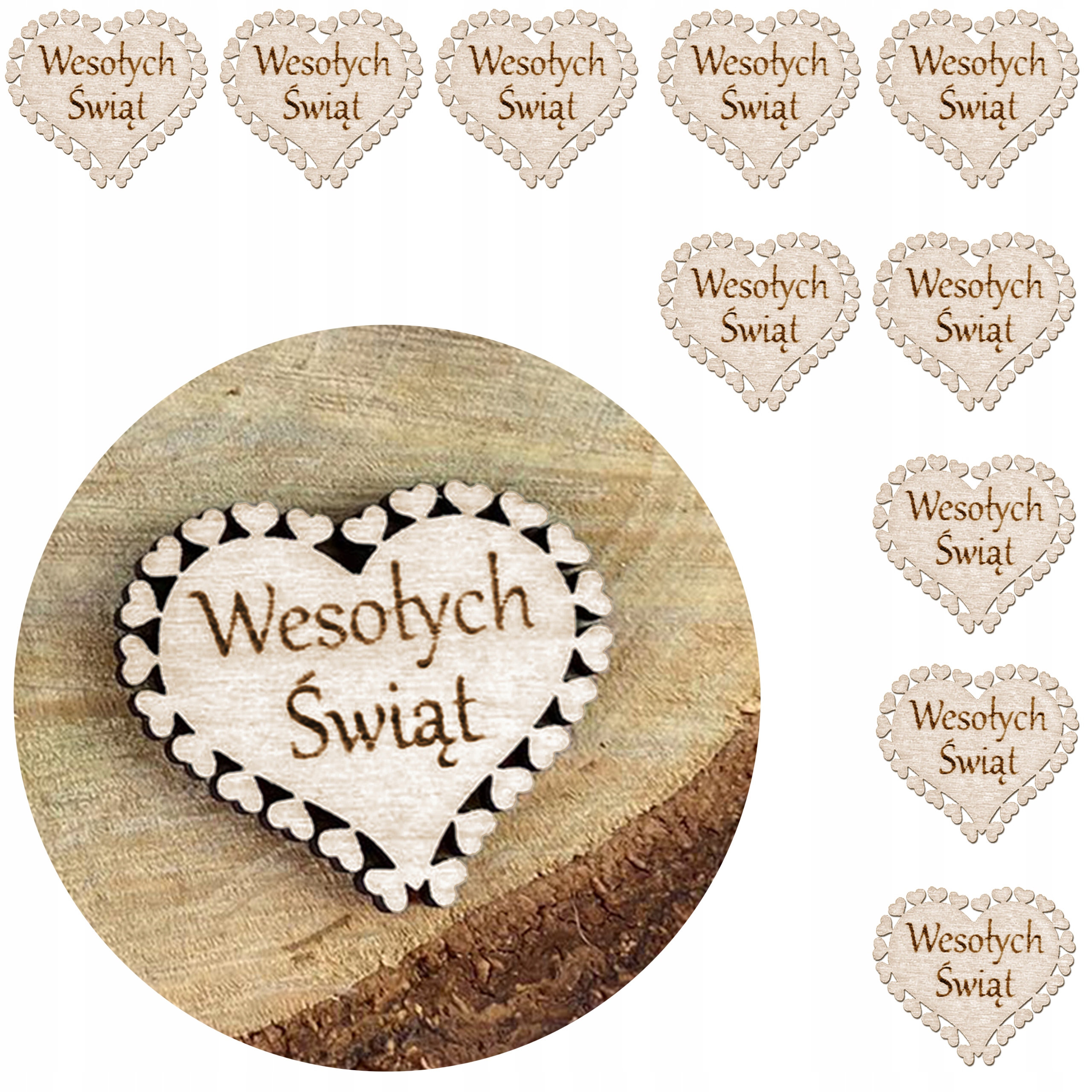Serce drewniane Wesołych Świąt Narodzenie Wielkanoc sklejka 3,5x3 cm 10szt