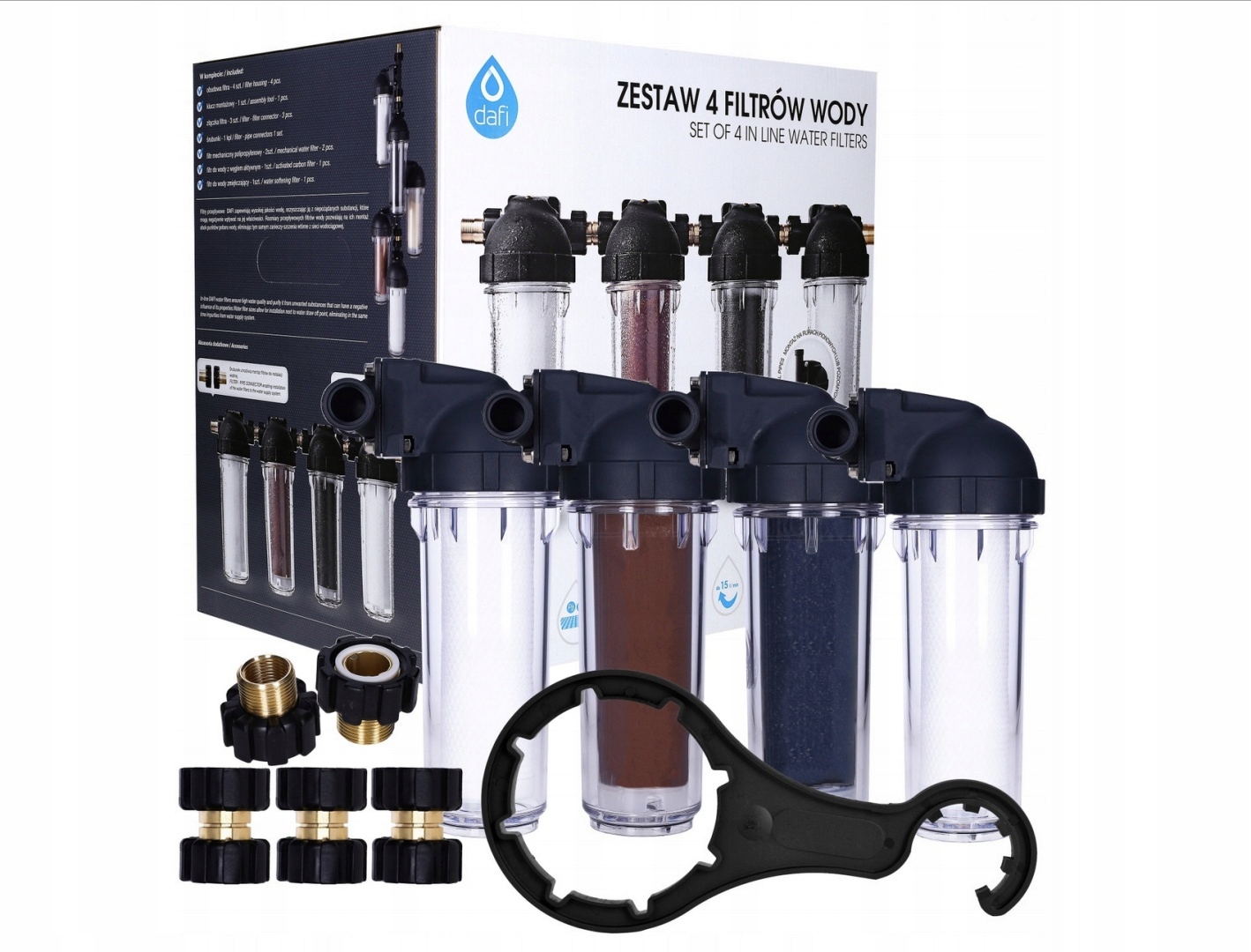 Zestaw filtrów Dafi z obudowami: 2x polipropylenowy jonowymienny węglow