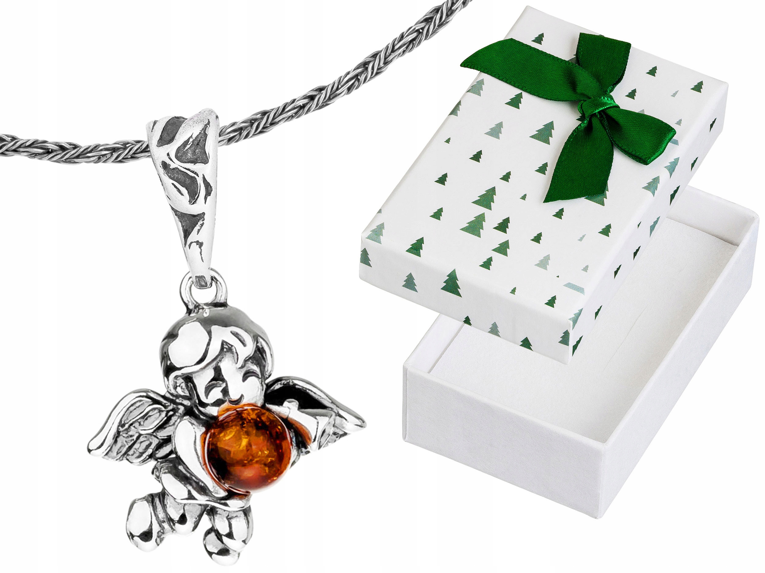 Dlouhý Stříbrný Dámský Oxidovaný Náhrdelník Andílek s Jantarem Choker 50