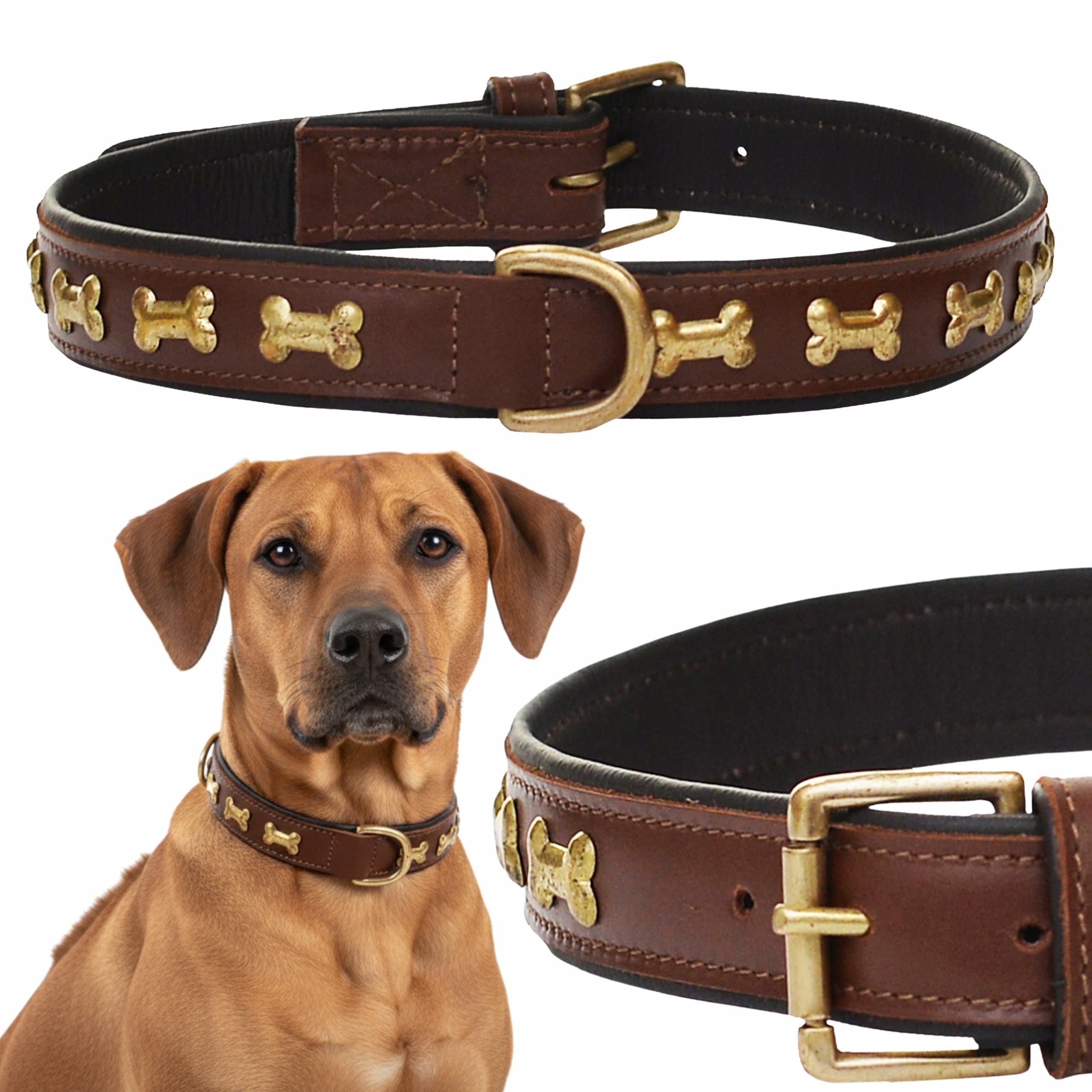 Levně Kožený Obojek velký pro psa XL 3 cm Hnědá Patina Silná Ručně šitá