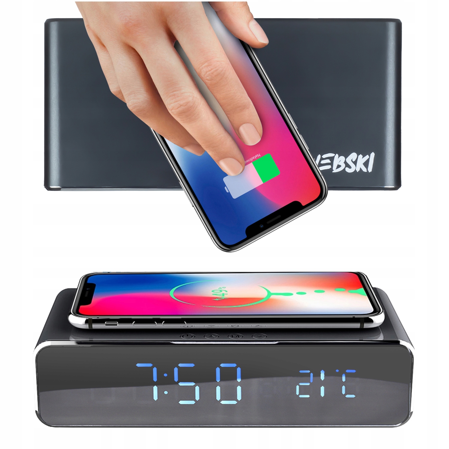 Ładowarka Indukcyjna STACJA ŁADUJĄCA do telefonu z Budzikiem Termometrem