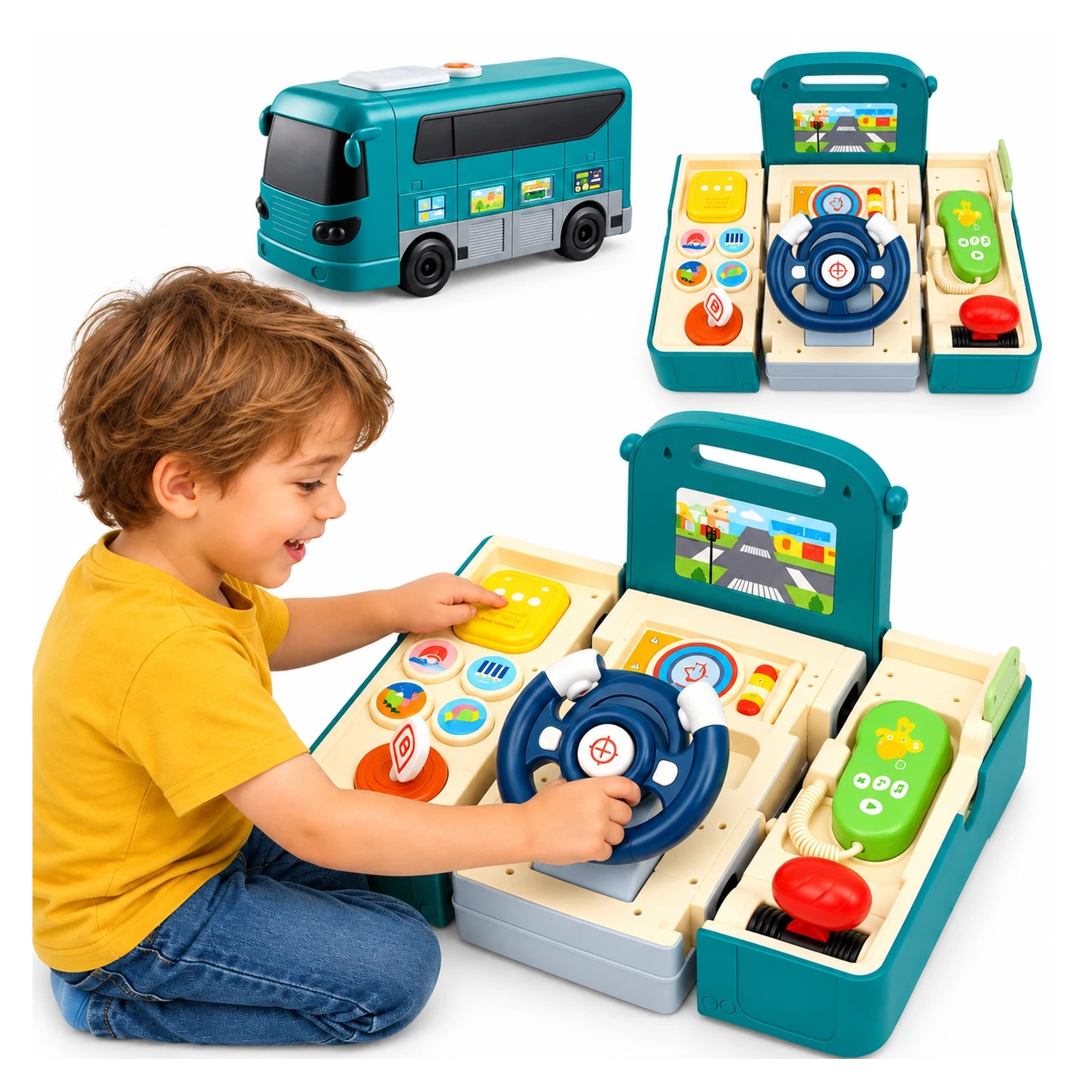 Autobus interaktywny 3w1 rozkładany symulator jazdy kierownica muzyka 3+