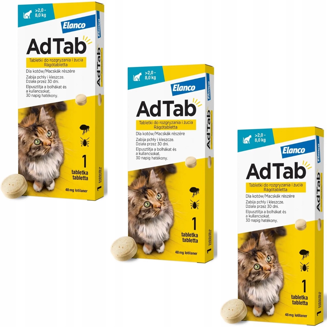 AdTab Tabletki dla kotów na pchły i kleszcze (>2,0-8,0kg) 3x(1x48mg)