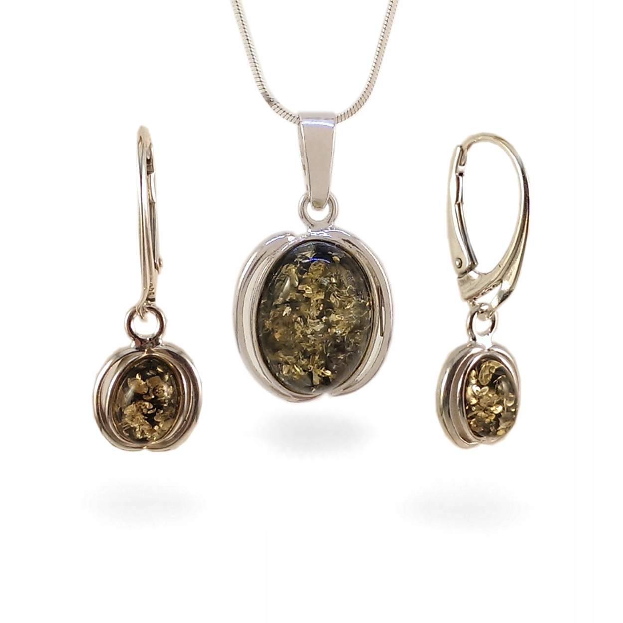 

Komplet Biżuterii Srebrnej z Zielonym Bursztynem