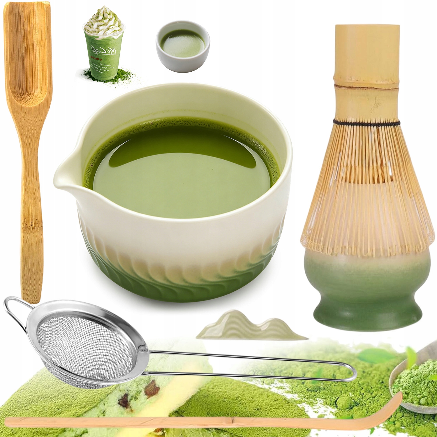 Zestaw Matcha 7 Elementy Tradycyjny Z Bambusa Naturalne Drewno Miotełka