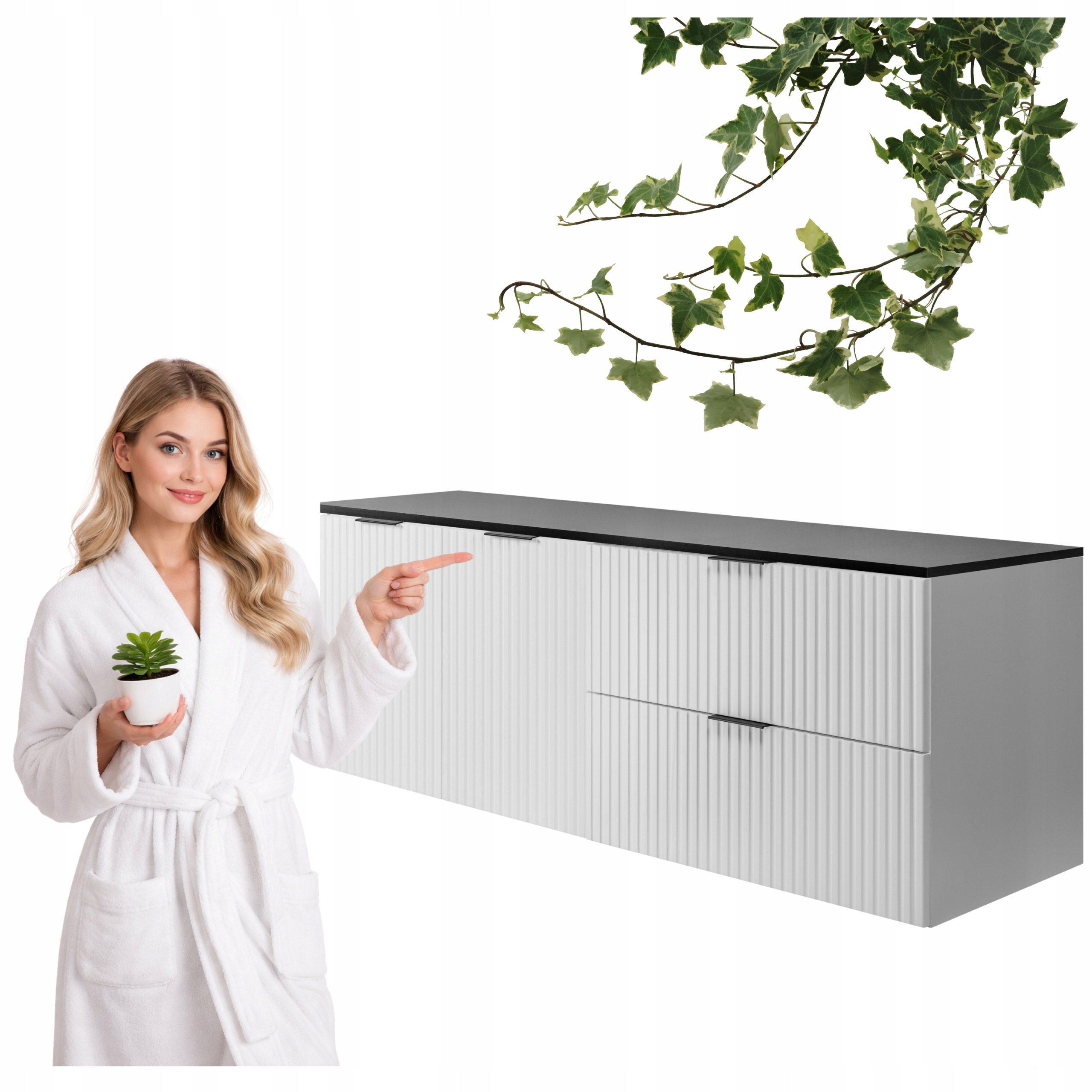 Szafka Łazienkowa Szuflady Drzwi Flisan 140x46 CM Biała Z Czarnym Blatem