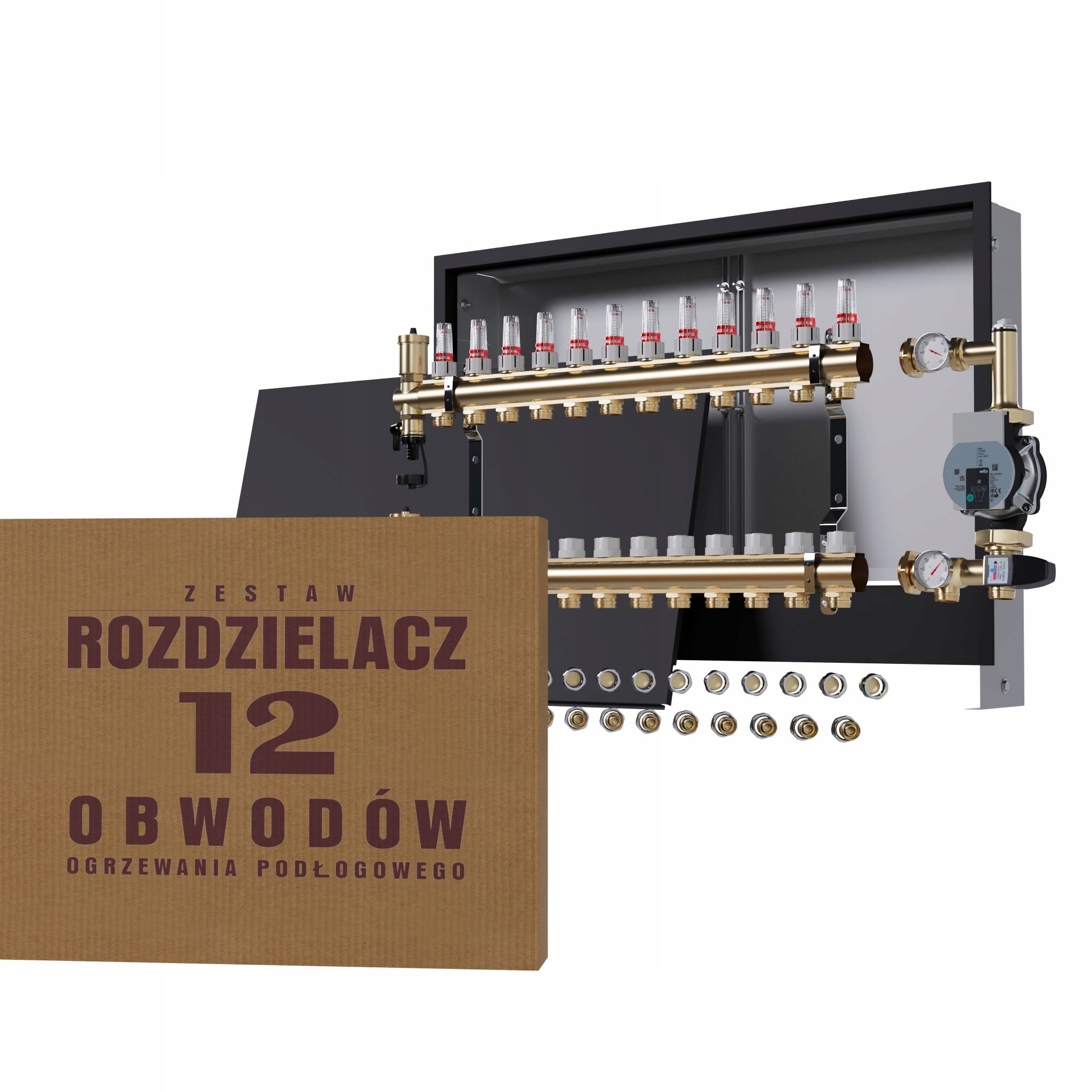 Rozdělovač pro podlahovku 12 okruhů s čerpadlem Wilo podomítkový černý Pex
